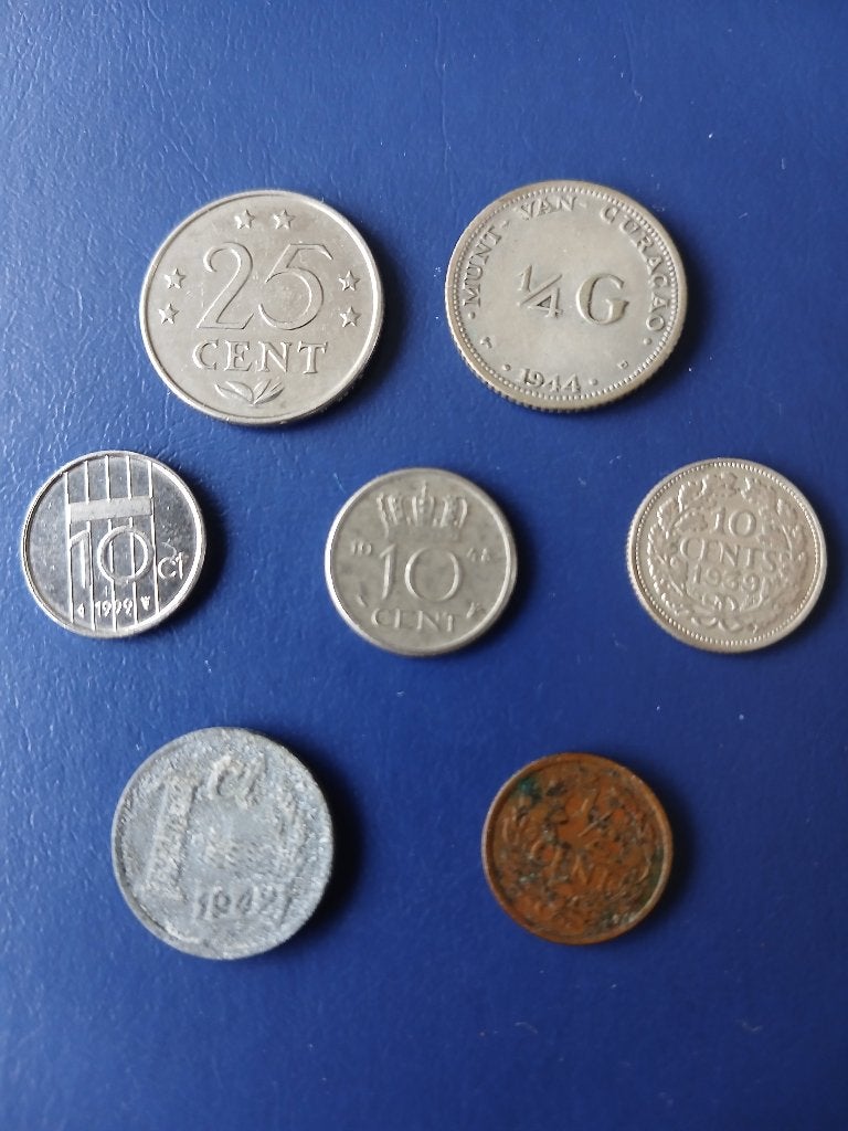 Leuk setje van 7 munten, waaronder 1/4 gulden curacao 1944., Setje, Zilver, Koningin Wilhelmina, Overige waardes
