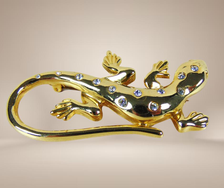 Grote vintage LIZARD hagedis goudkleur strass broche!, Overige materialen, 4 tot 7 cm, Verzenden, Nieuw
