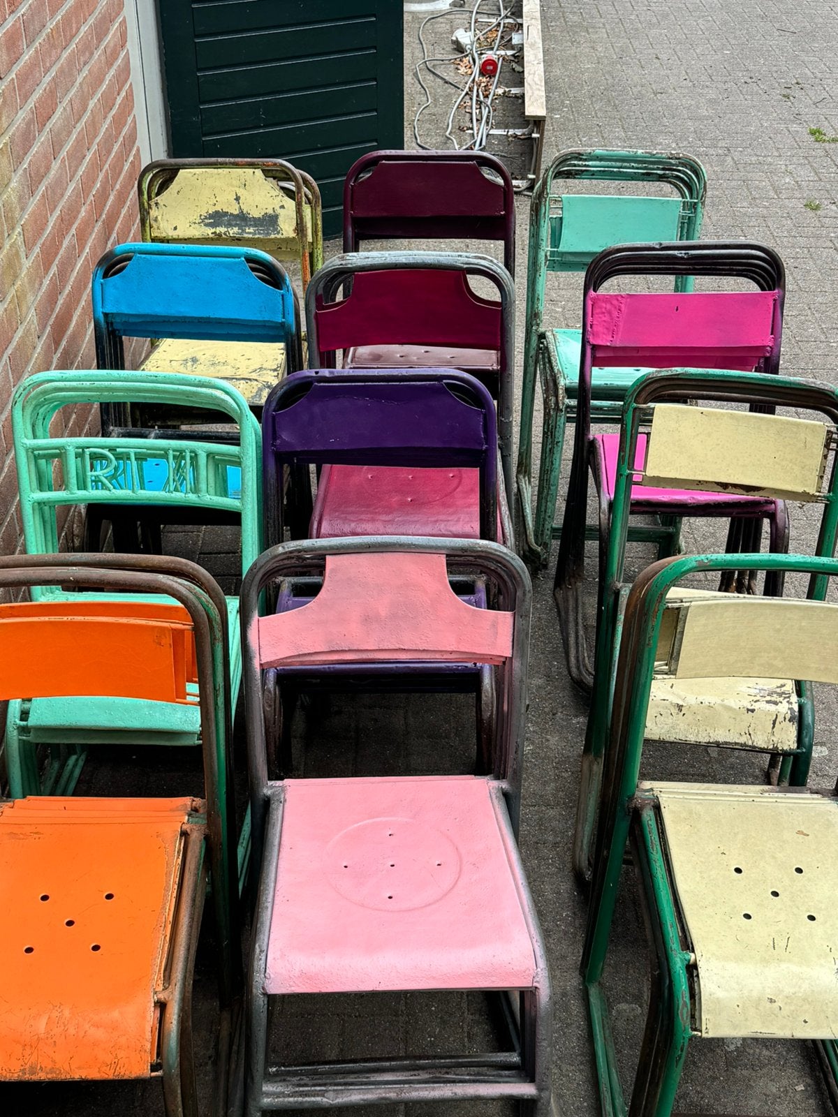 Metalen terras stoel vintage industrieel, Ophalen, Zo goed als nieuw, Metaal, Stapelbaar