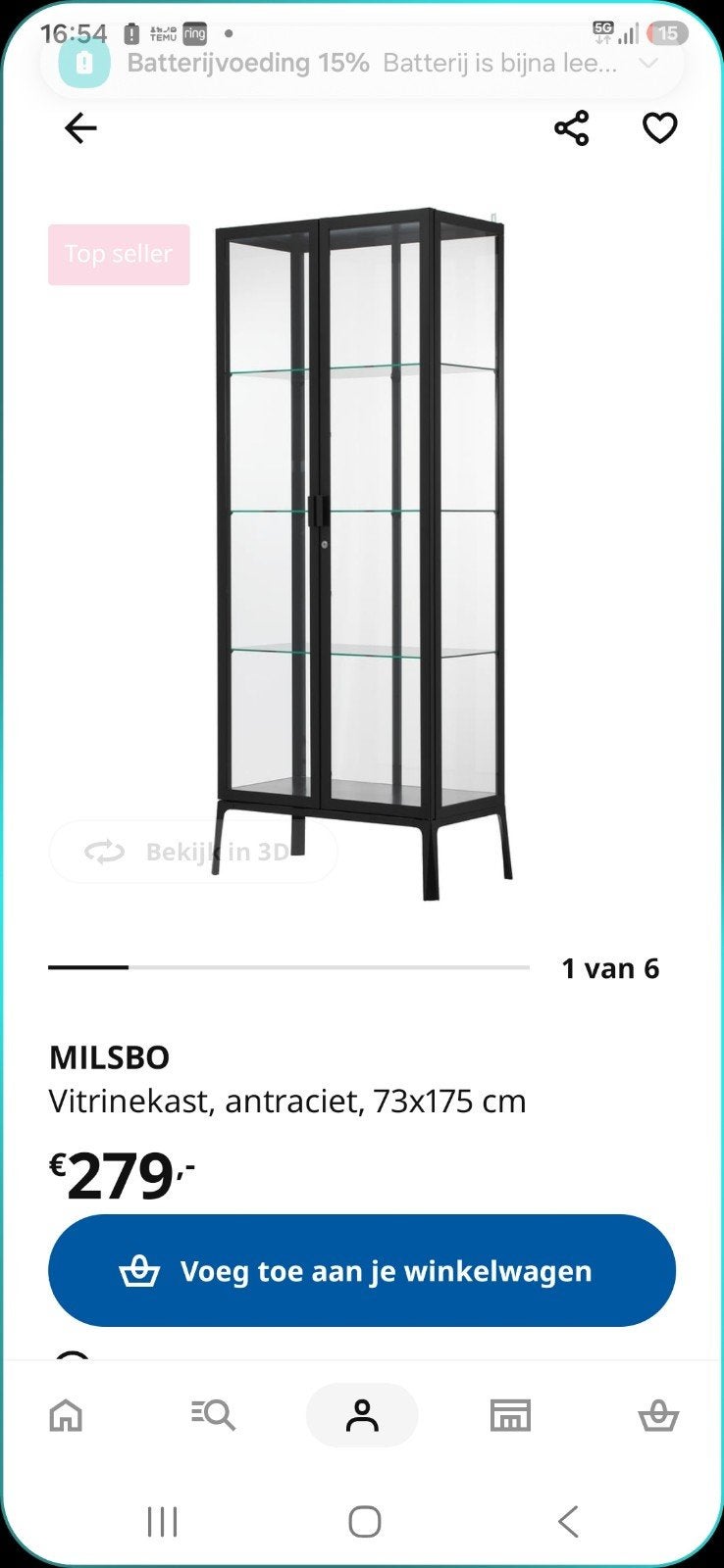 IKEA Milsbo Vitrinekast Antraciet - Zo goed als nieuw, Huis en Inrichting, Ophalen, Met deur(en), 50 tot 100 cm, Zo goed als nieuw