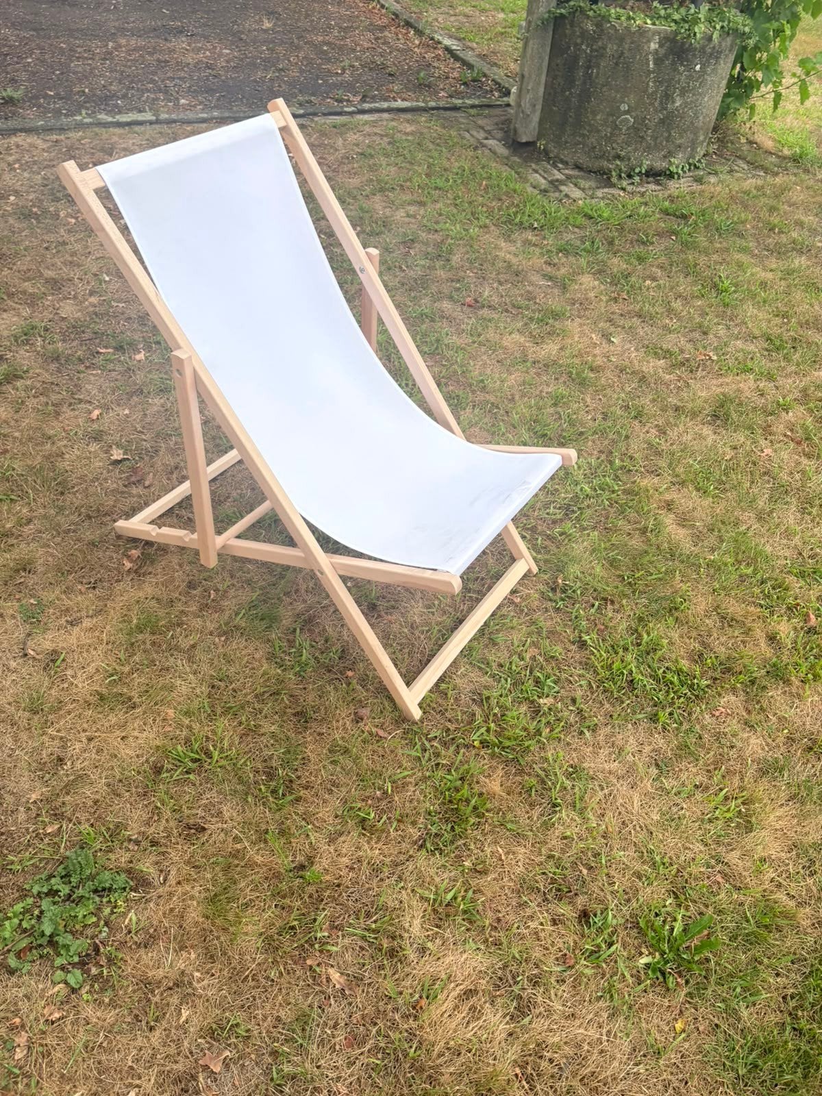 Houten strandstoel met wit doek, Ophalen, Nieuw, Hout, Verstelbaar