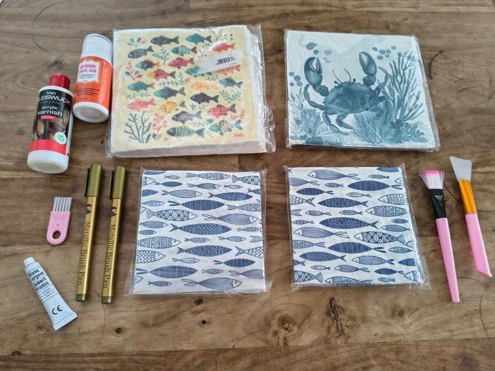 Complete decoupage set, decoupage vissen zee, goud, blauw., Onb, Onb, Overige merken, Knutselset