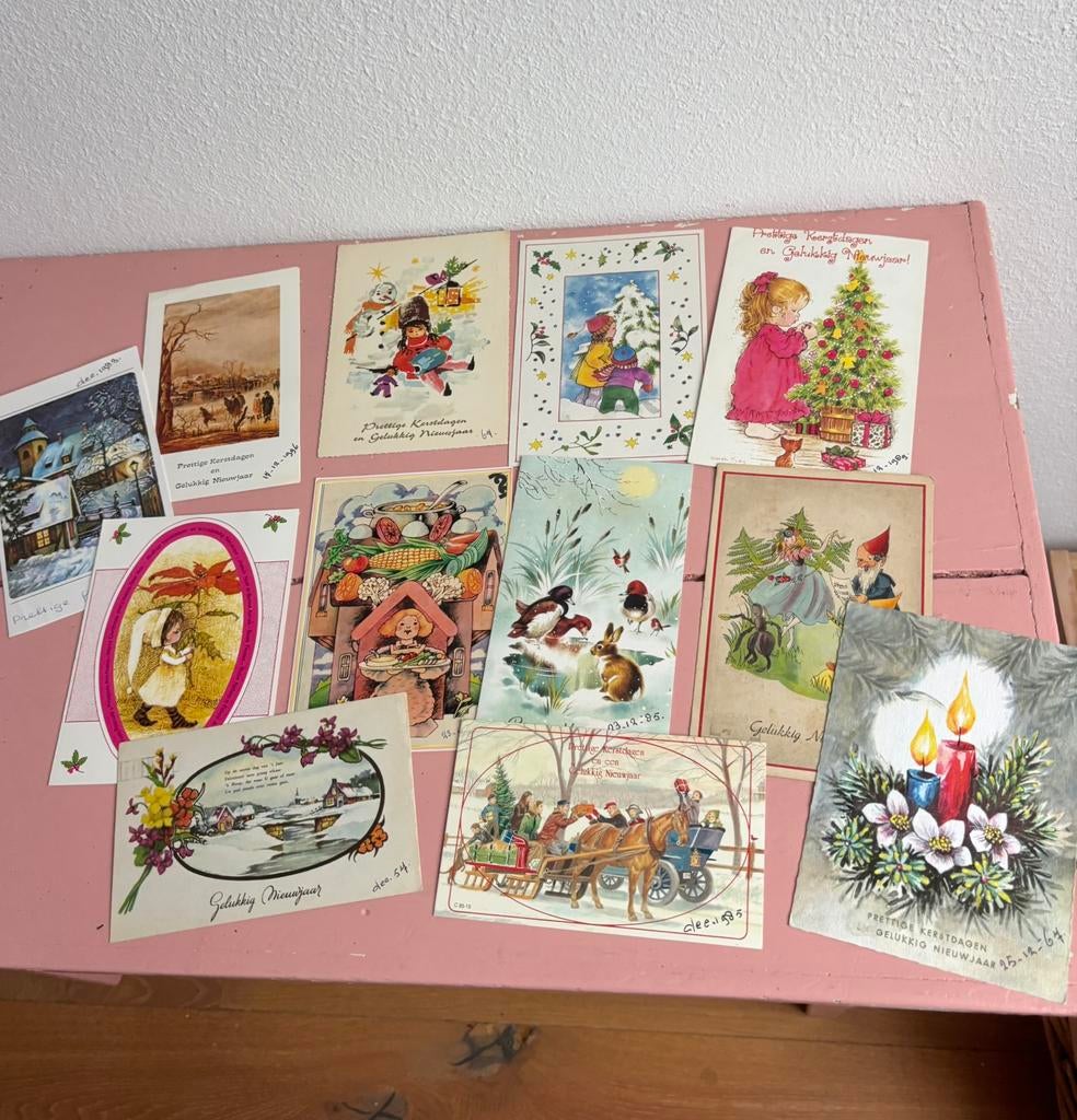 Collectie vintage kerst- en nieuwjaarskaarten (jaren 40–80), Ophalen of Verzenden, Zo goed als nieuw