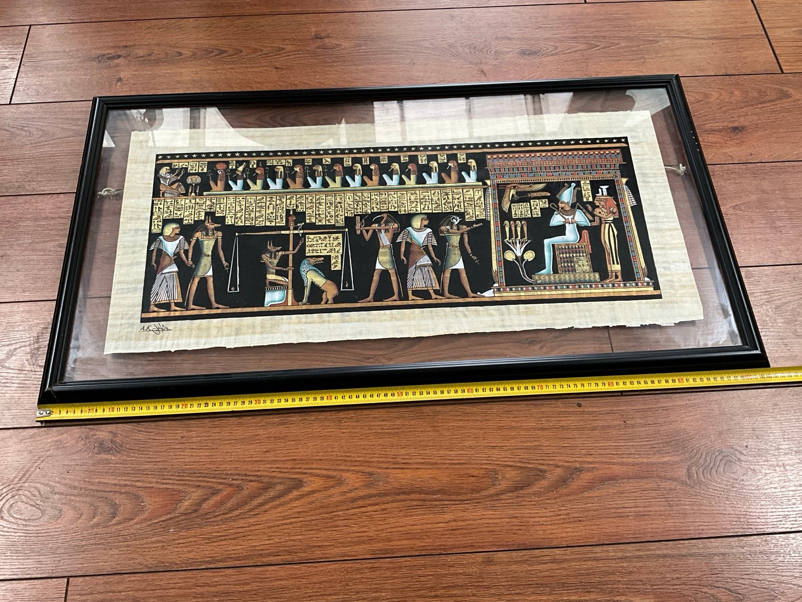 Ingelijste Egyptische papyrus met hiërogliefen, Schilderij, Ophalen of Verzenden, Papier/karton, Meerkleurig
