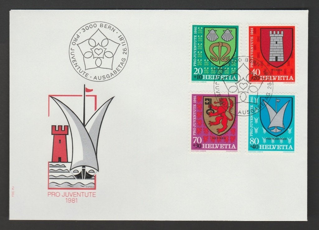 Zwitserland - FDC Pro Juventute 1981 - gemeentewapens, Verzenden, Postfris