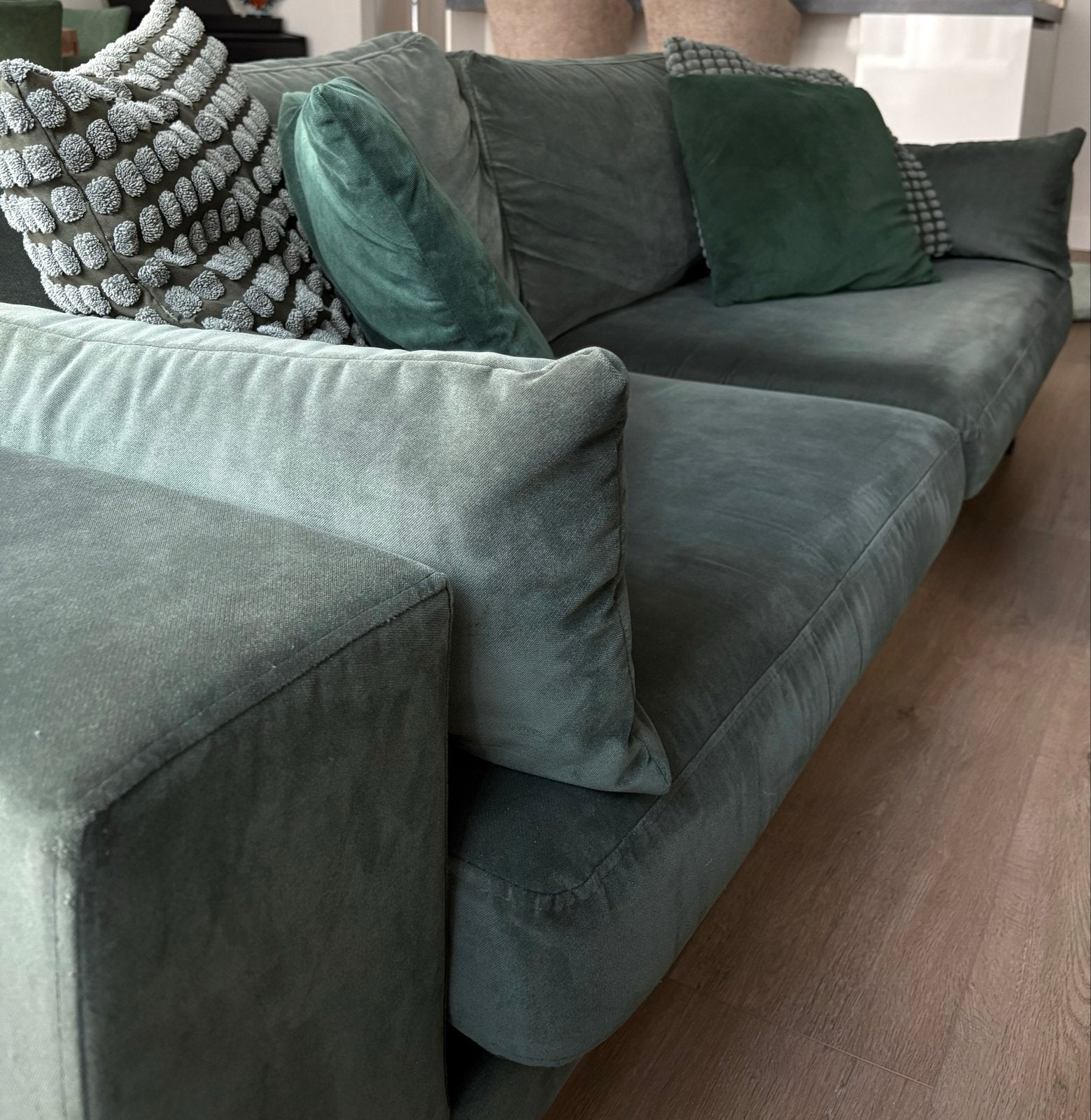 NOUS Living 3-zitsbank Torino in groen velours, Ophalen, Gebruikt, Driepersoons, 75 tot 100 cm