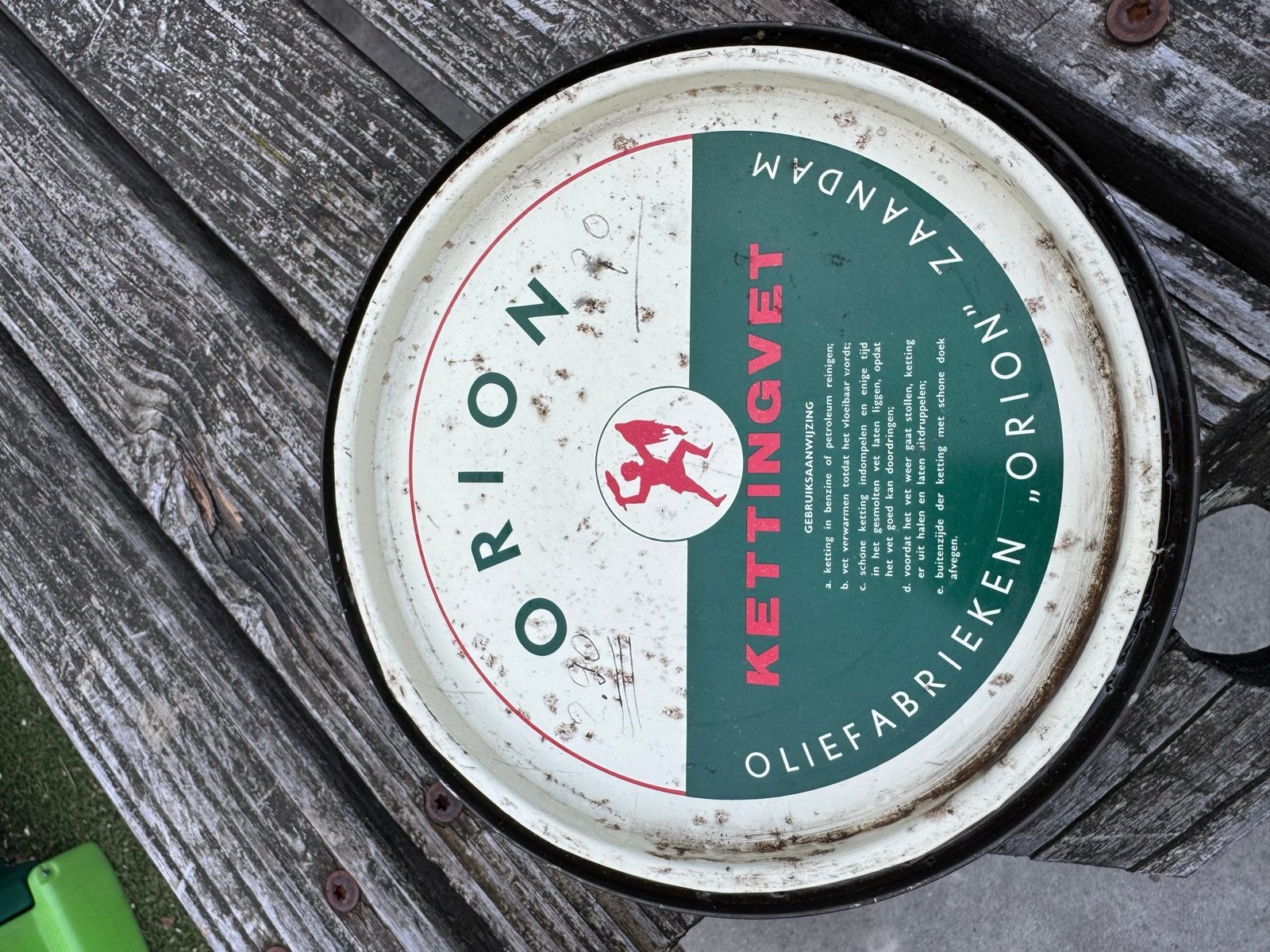 Vintage Orion Kettingvet Blik - Olie Fabrieken Zaandam, Ophalen of Verzenden, Gebruikt, Gebruiksvoorwerp