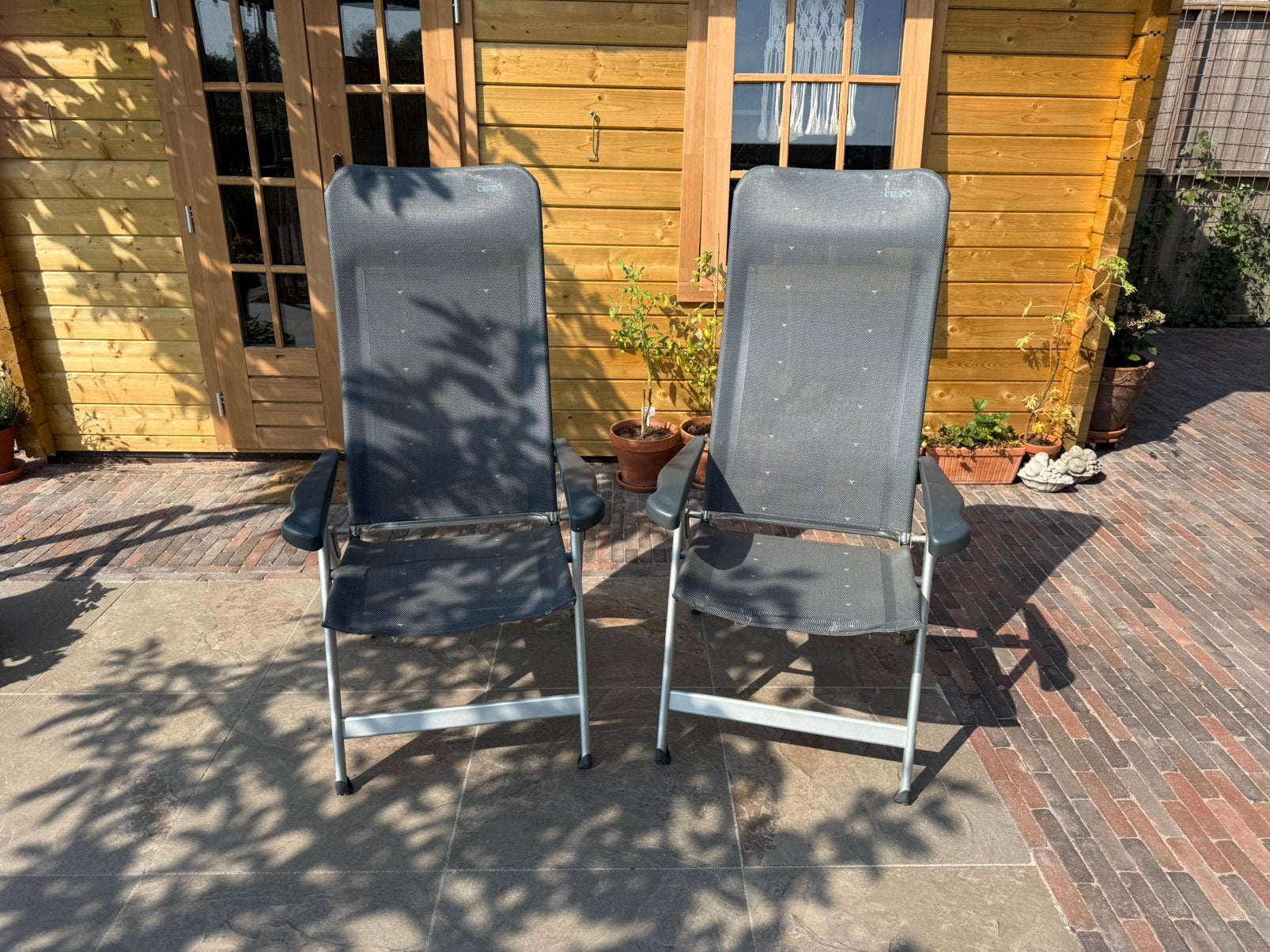 2 Crespo campingstoelen met hoge leuning en voetenbankjes, Ophalen, Gebruikt, Aluminium, Inklapbaar