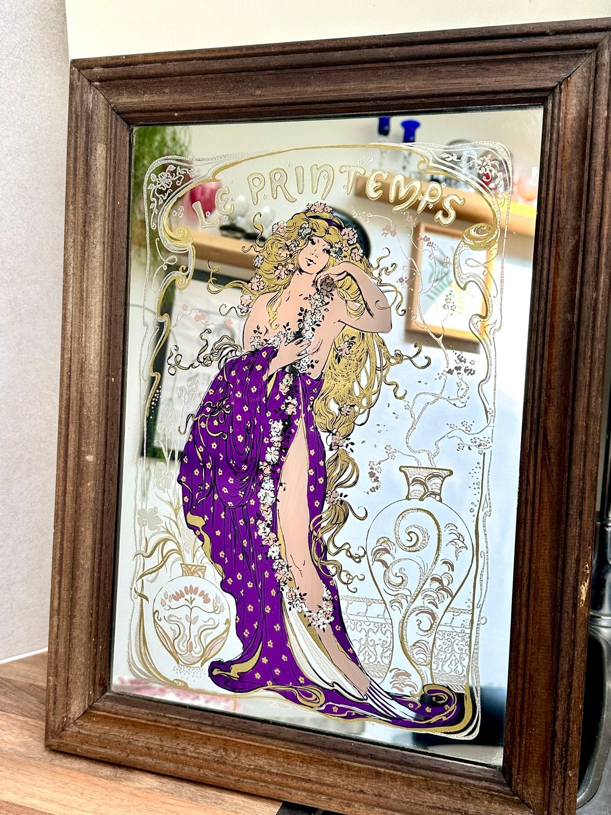 Vintage Art Nouveau-spiegel – Alfons Mucha "Le Printemps", Ophalen of Verzenden