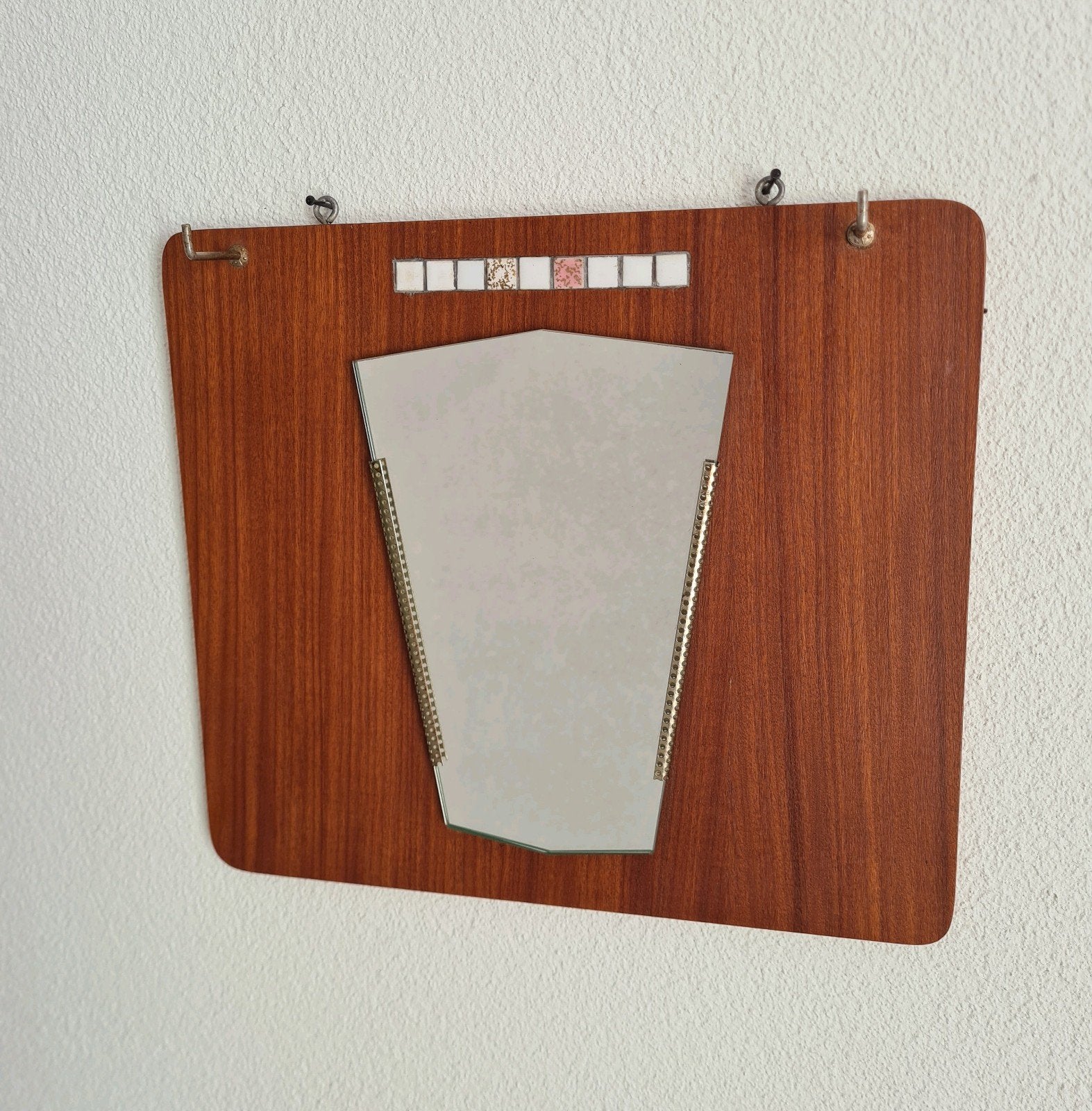 vintage retro hout spiegel mozaiek wandspiegel mcm, Ophalen of Verzenden, Huis en Inrichting