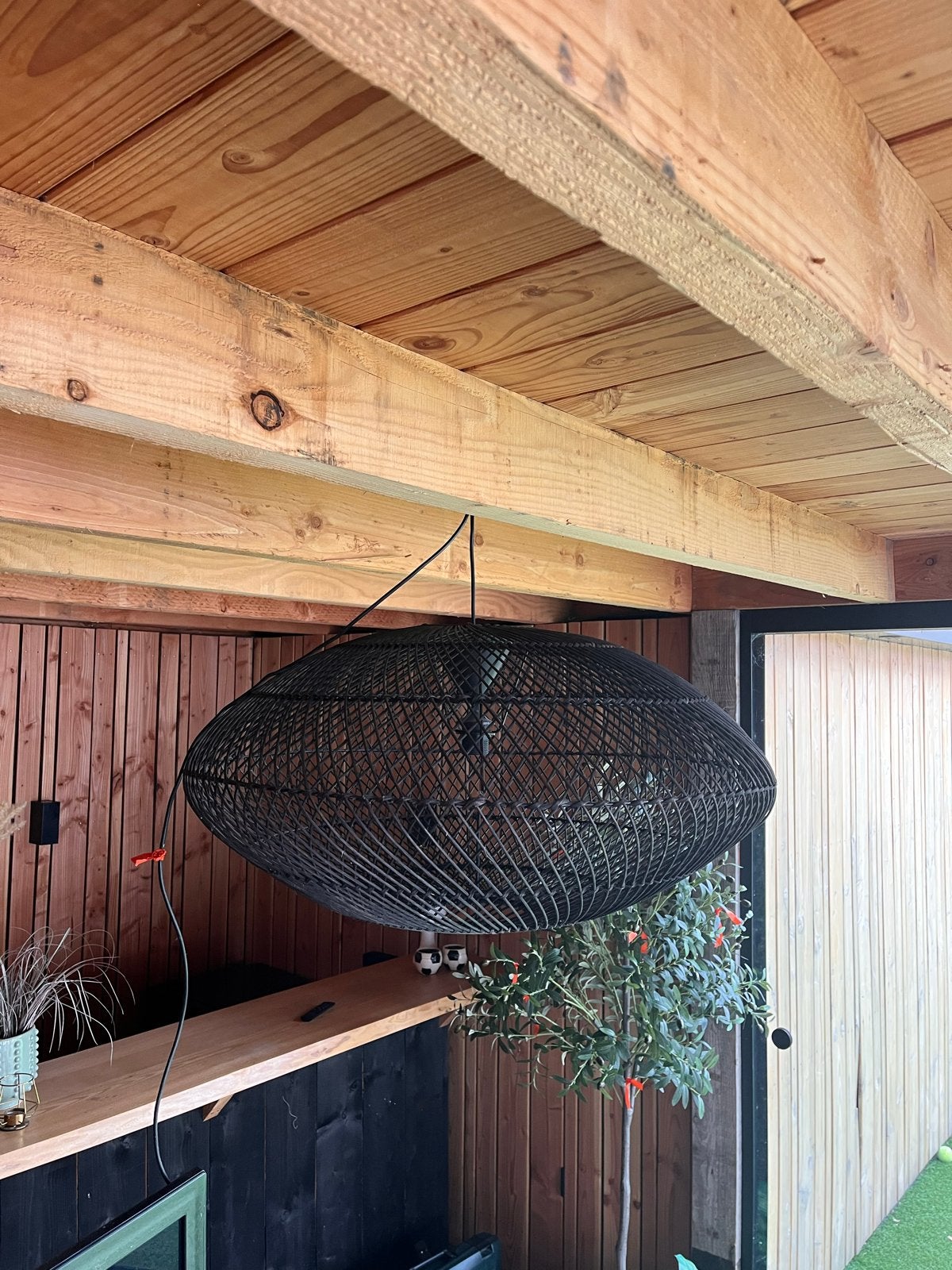 Grote zwarte rotan hanglamp - Ø 86 cm, Ophalen, Zo goed als nieuw, Natuurlijk materiaal, E27 (groot)