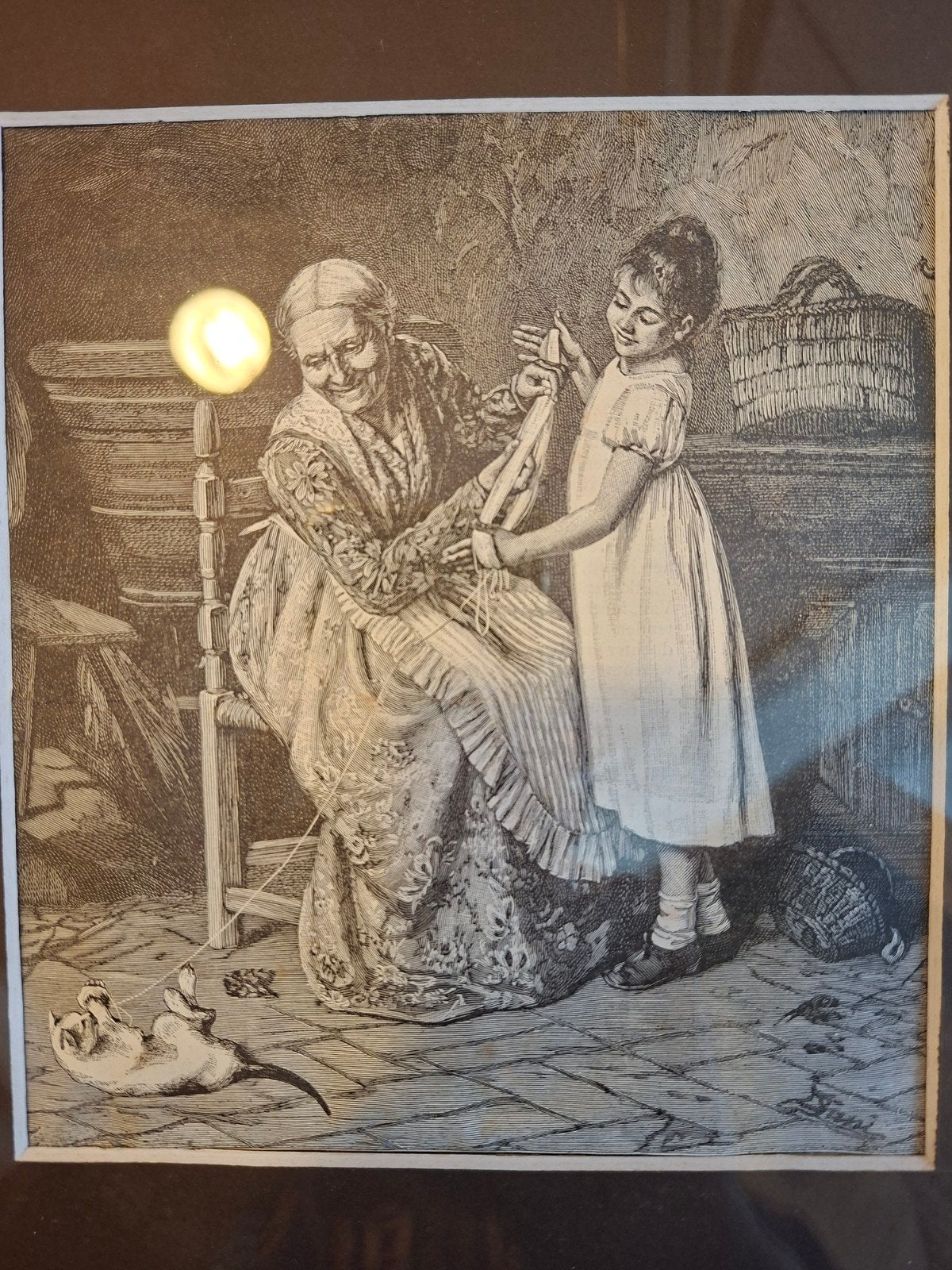 Antieke Steendruk (1893) 'Poes helpt mee' naar David Sani –, Ophalen of Verzenden