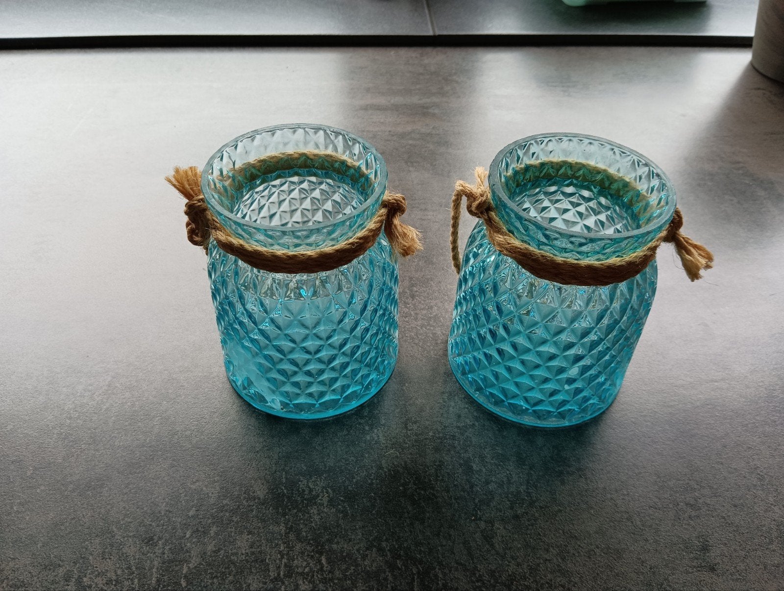 Set van 2 blauwe waxinelichthouders van glas, Ophalen, Gebruikt, Blauw, Overige merken