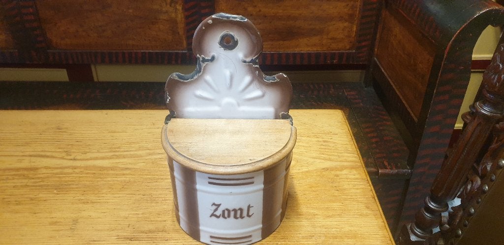 Emaille zoutpot 2 kleuren houten en deksel, Antiek en Kunst, Ophalen of Verzenden