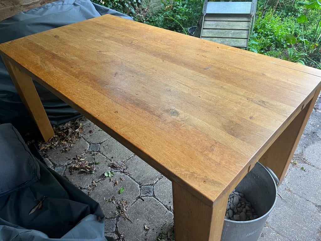 Massief eikenhouten tafel met verlengstuk, Gebruikt, Eikenhout, 200 cm of meer, Rechthoekig