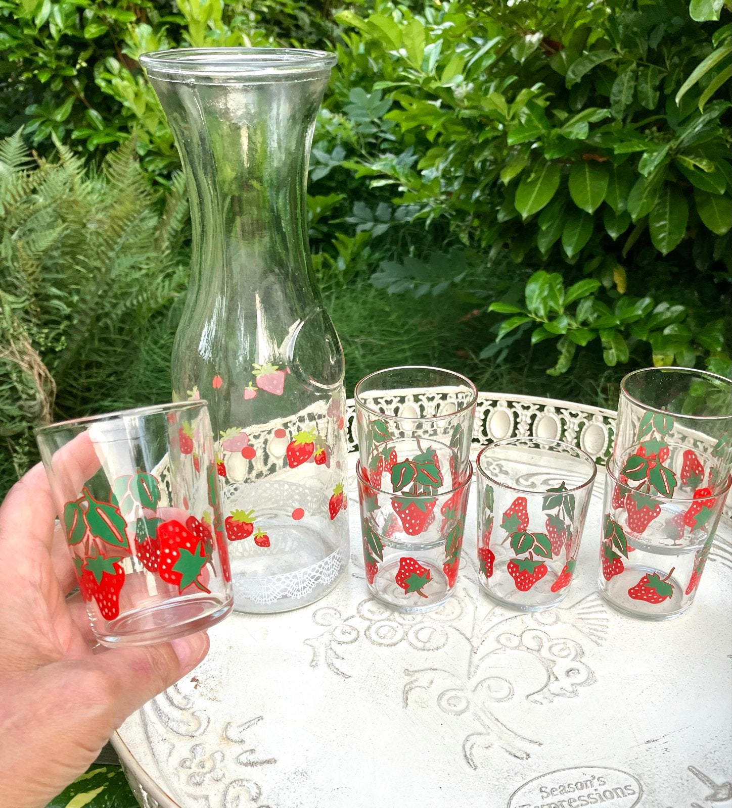 WATERKAN met 6 SAP GLAZEN aardbei 🍓, Kan, Gebruikt, Vintage, Ophalen of Verzenden