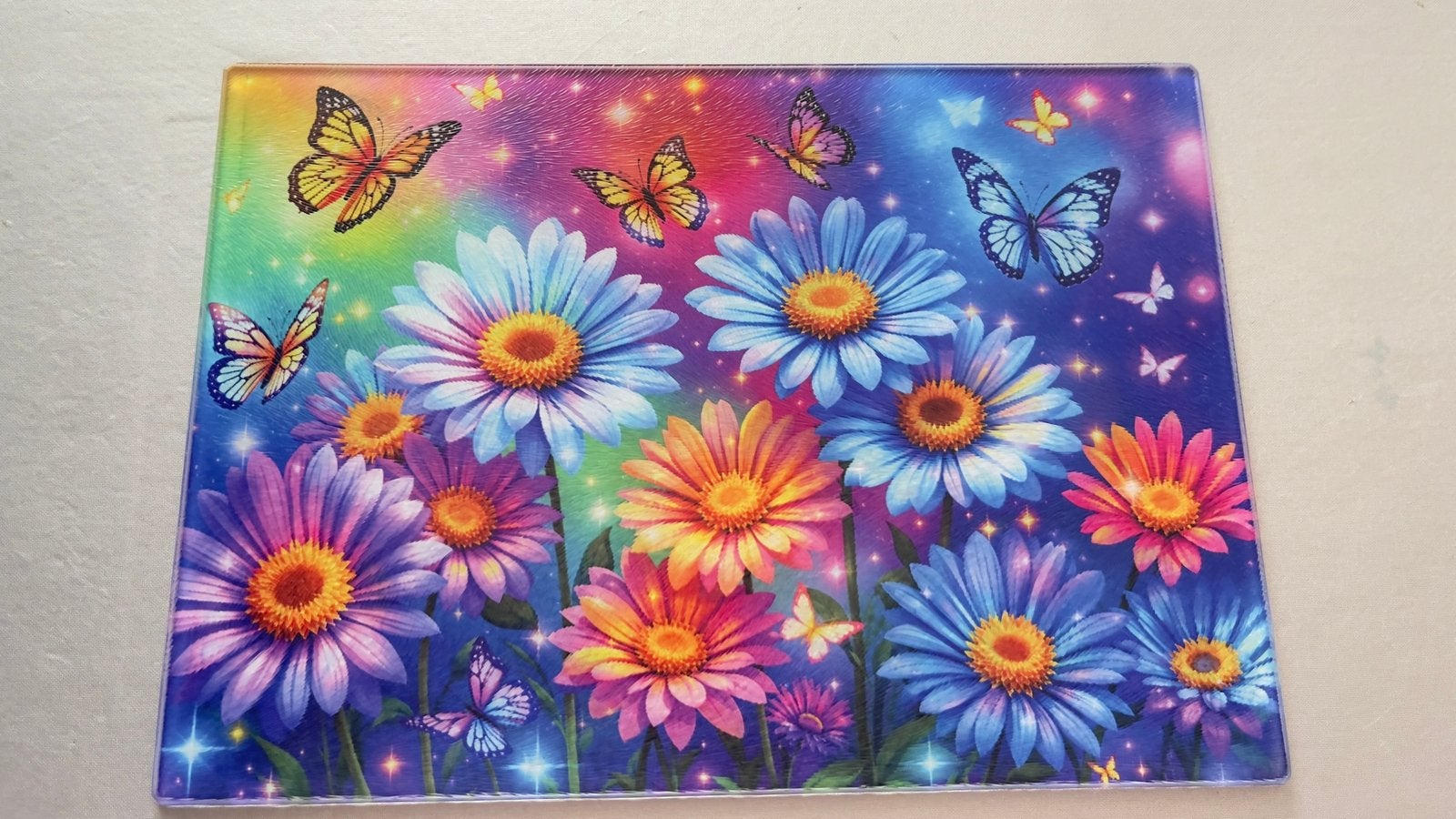 Glazen Snijplank – Kleurrijke Bloemen & Vlinders, Glas, Snij-/serveerplank, Nieuw, Ophalen of Verzenden