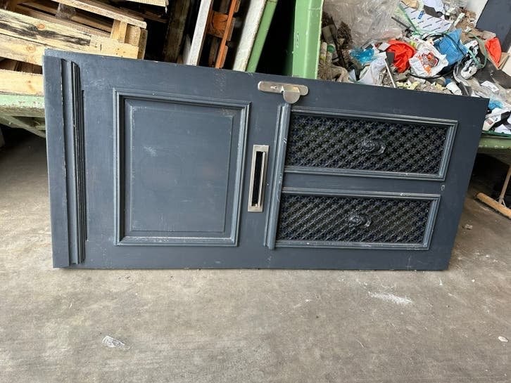Hard houten voordeur gietijzeren roosters en draairaampjes, Ophalen, 200 tot 215 cm, Glas, Buitendeur