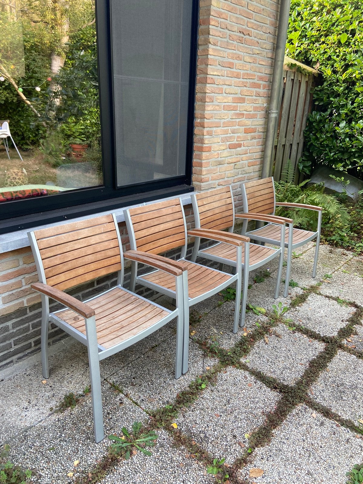 Set van 4 houten tuinstoelen, Ophalen, Gebruikt, Hout