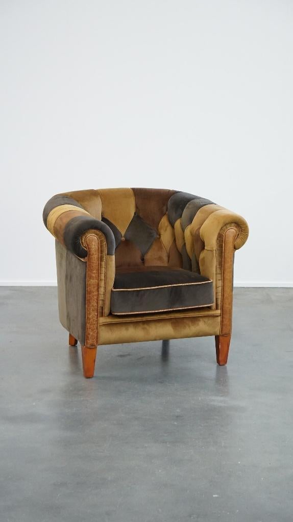 Stoffen patchwork chesterfield clubfauteuil in Engelse stijl, Huis en Inrichting, Fauteuils, Ophalen, Gebruikt, ., 75 tot 100 cm