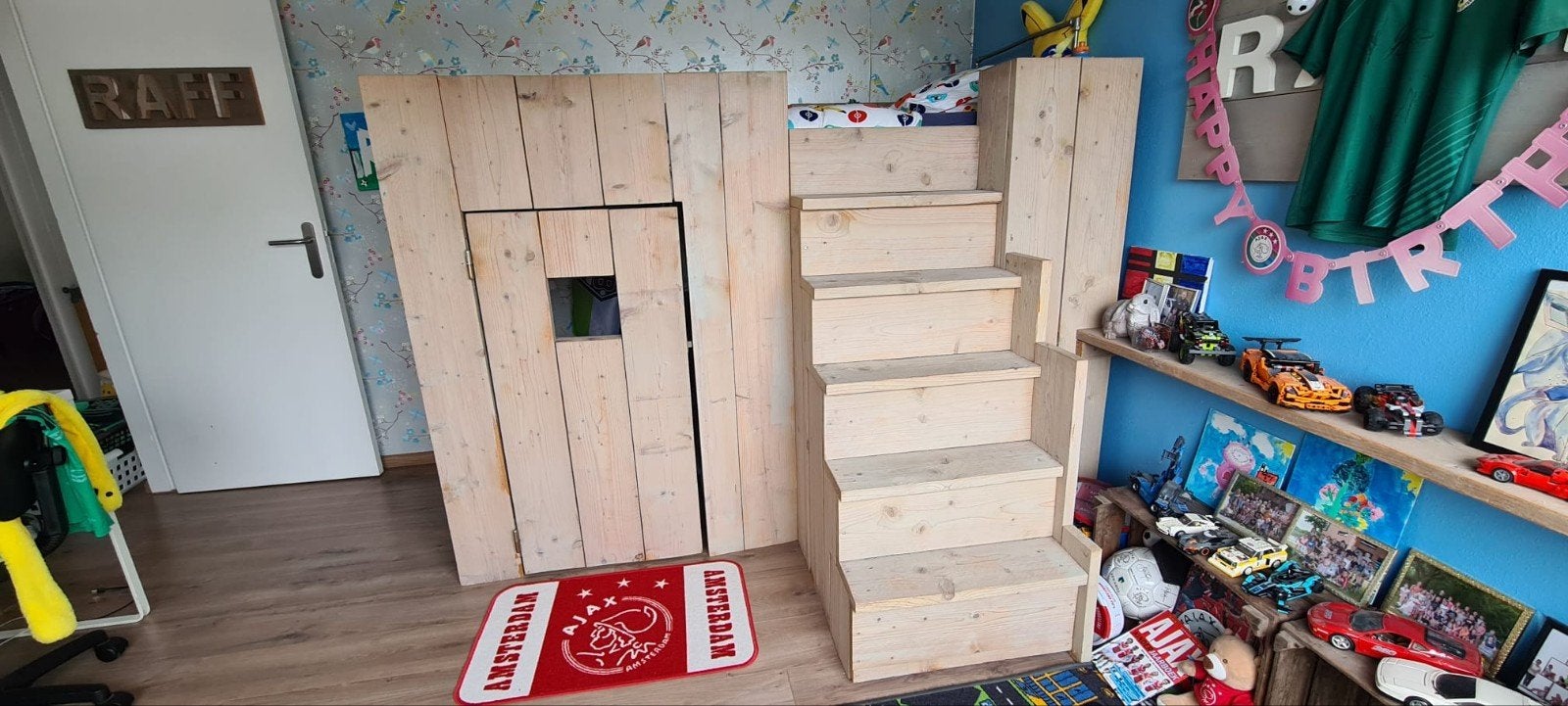 Steigerhouten hoogslaper met trap en speelruimte, Ophalen, Hoogslaper, Eenpersoons, 210 cm
