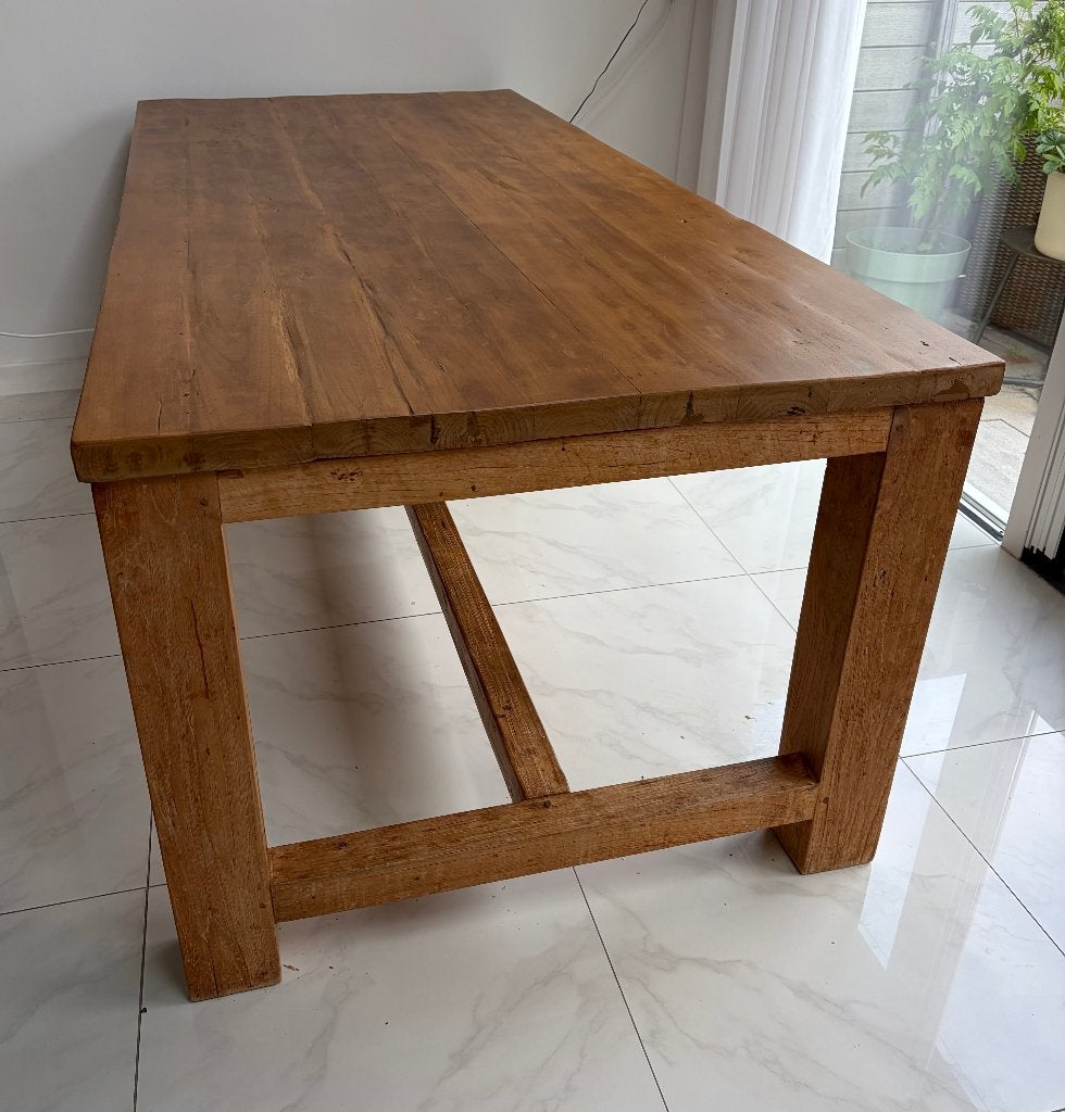 Kloostertafel Teakhout 220x100 cm incl. 3 tafellakens, Ophalen, Gebruikt, Teakhout, 200 cm of meer
