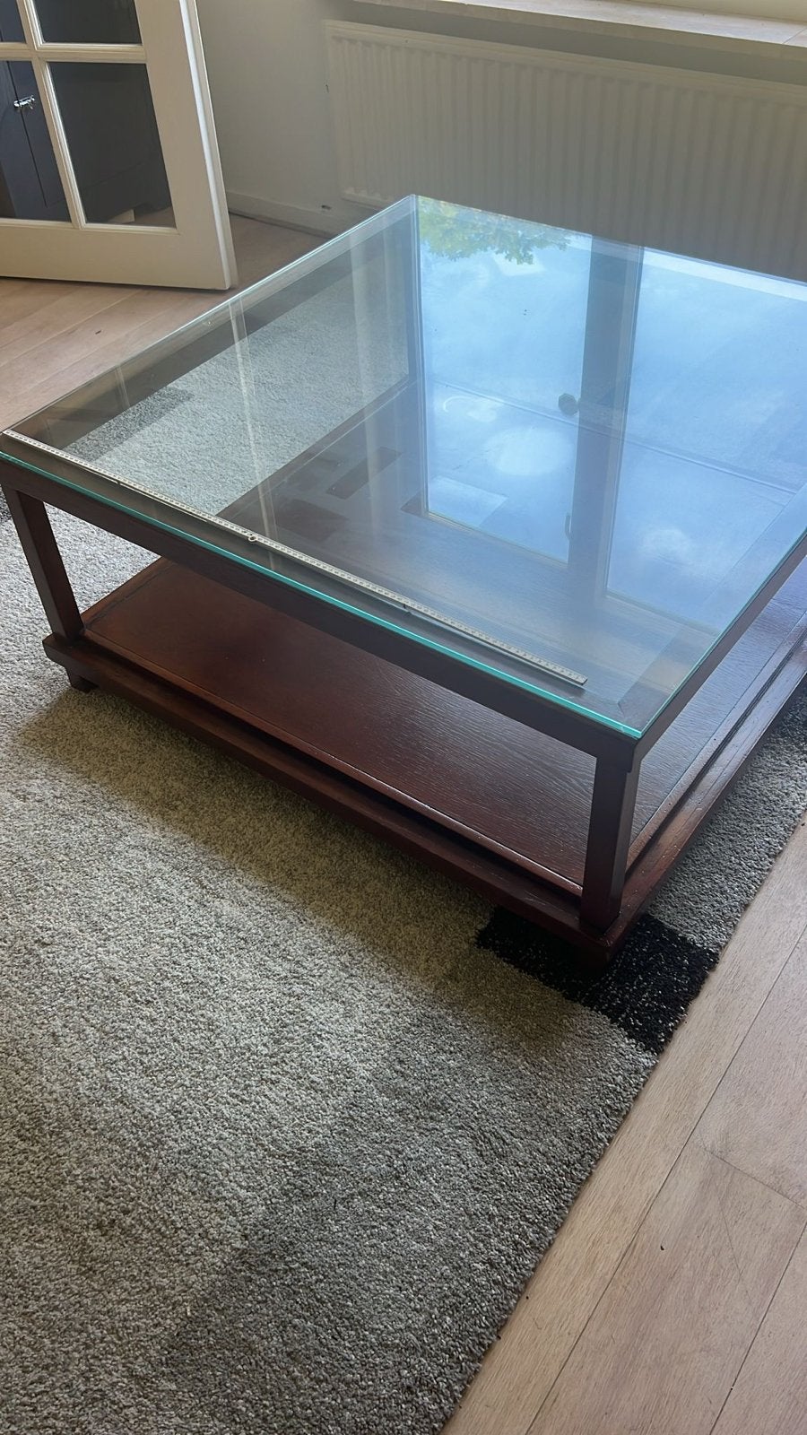 Eiken salon tafel met glazen blad, Ophalen, Gebruikt, 100 tot 150 cm, 50 tot 100 cm