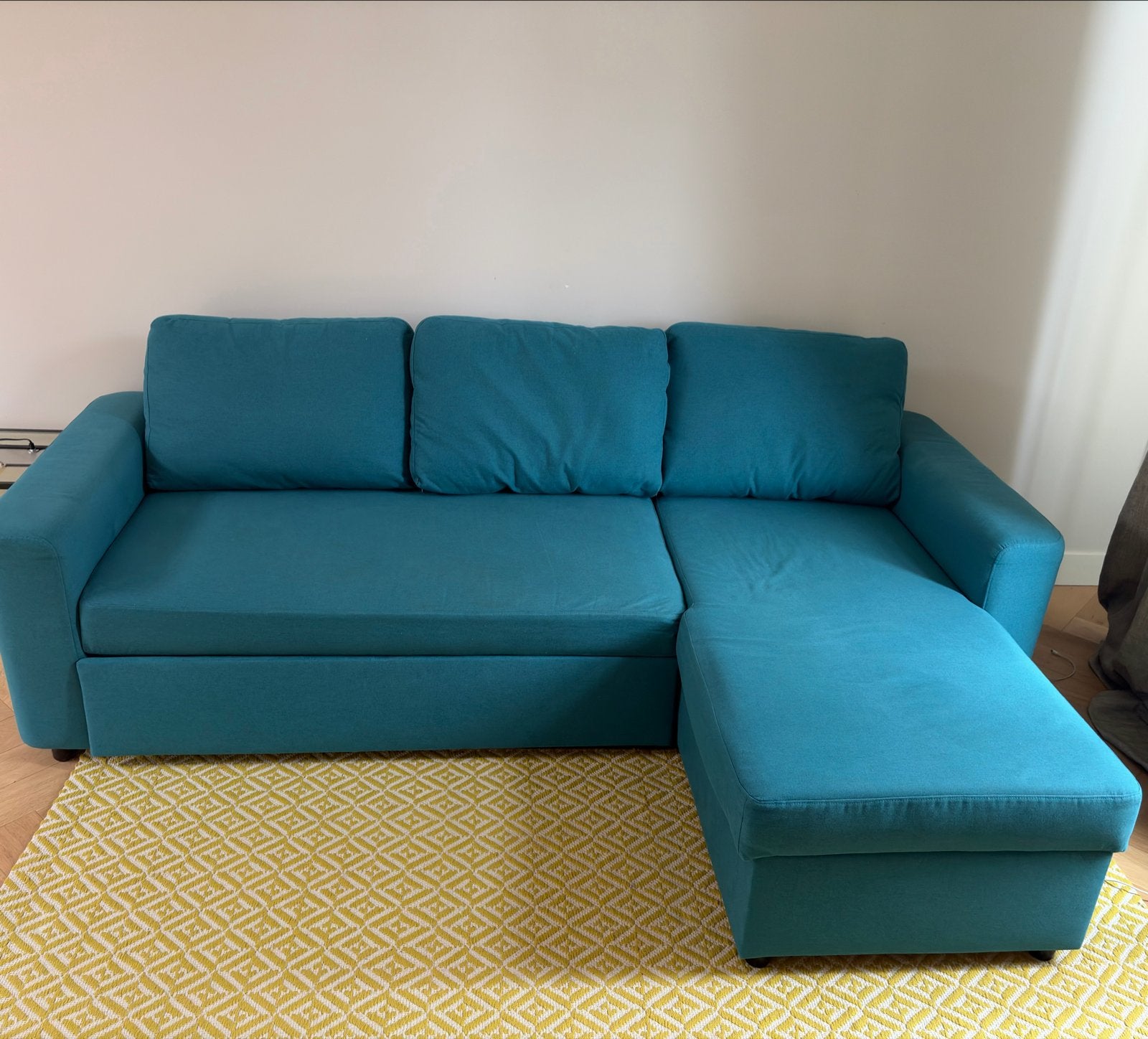 Groenblauwe 3-zits slaapbank met chaise longue, Huis en Inrichting, Ophalen, Tweepersoons, 140 cm, Zo goed als nieuw