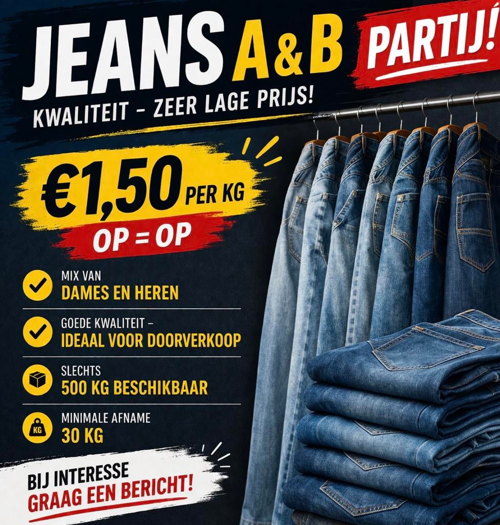 Jeans partij ,  1,50€/kilo - 500 kg beschikbaar, Kleding | Heren, Ophalen of Verzenden, Zo goed als nieuw, Overige maten, Zwart