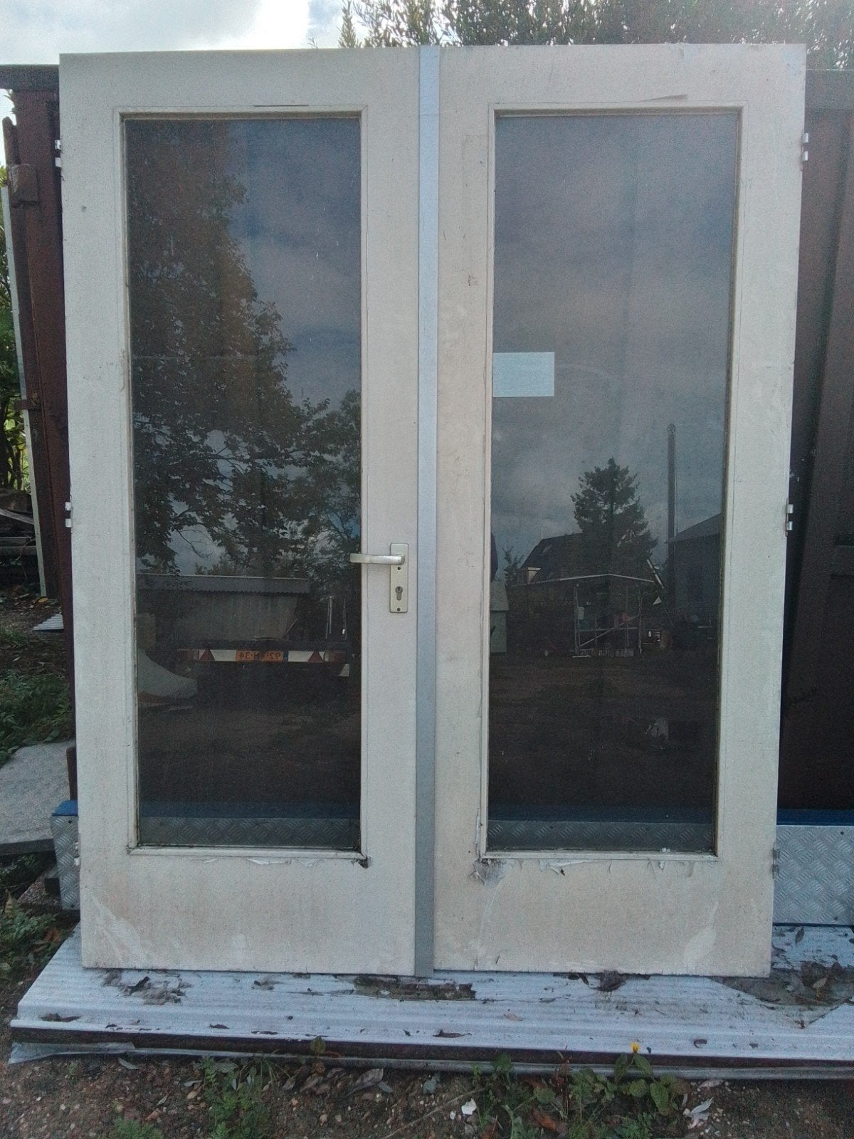 Openslaande tuindeuren.vol hechthout 169x217cm.enkel glas, Ophalen, Hout, Deurkozijn