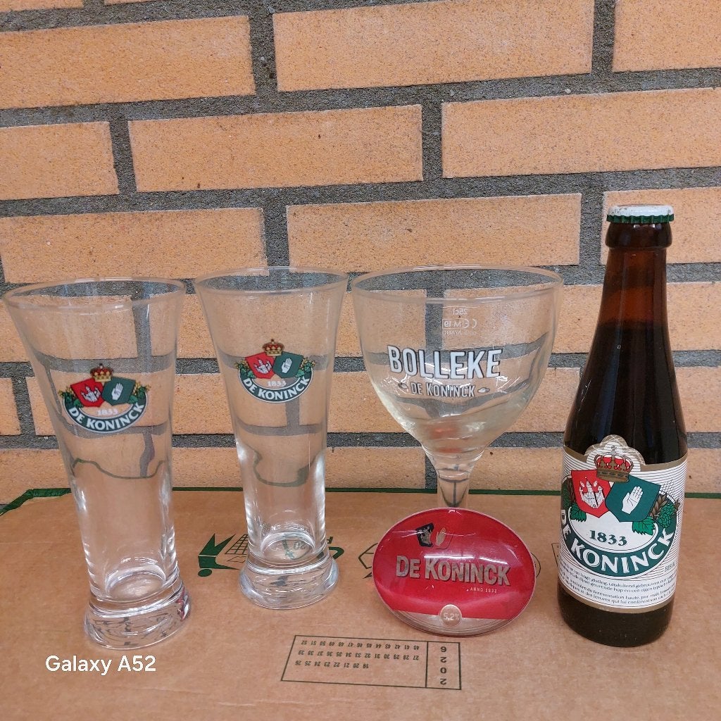 De Koninck bierflesje uit 1990 + glazen + bolle taplens, Ophalen of Verzenden, Zo goed als nieuw, Glas of Glazen, De Koninck