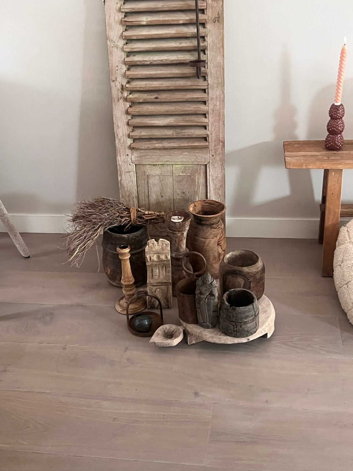 Houten leuk en nepalese schaal en potten houten monnik., Ophalen of Verzenden