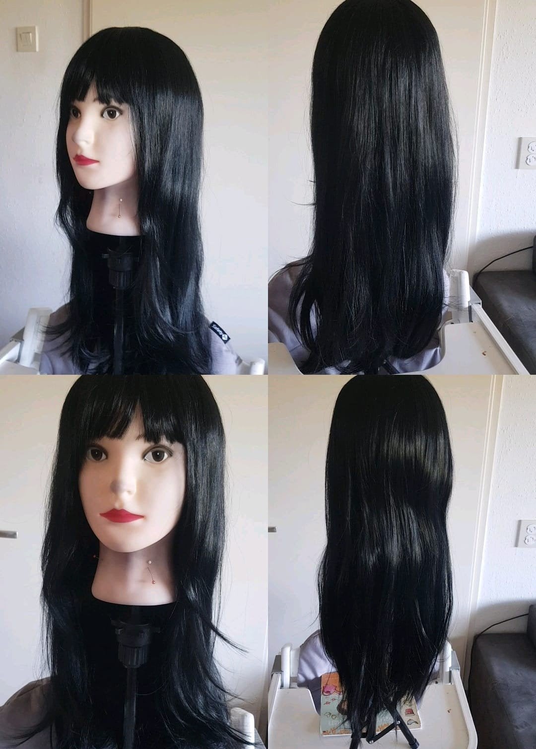 Zwarte pruik met pony, lang haar, Ophalen of Verzenden, Zo goed als nieuw, Pruik of Haarverlenging