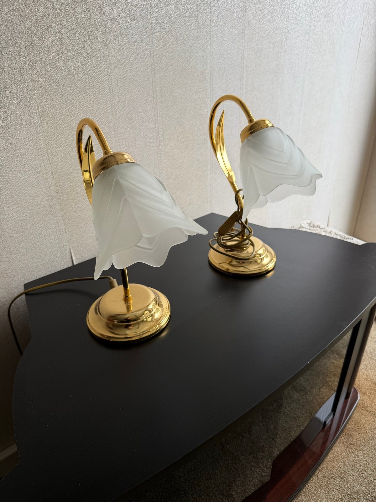 Set van 2 klassieke schemerlampjes met glazen kap, Huis en Inrichting, Ophalen, Gebruikt, Goud, Metaal