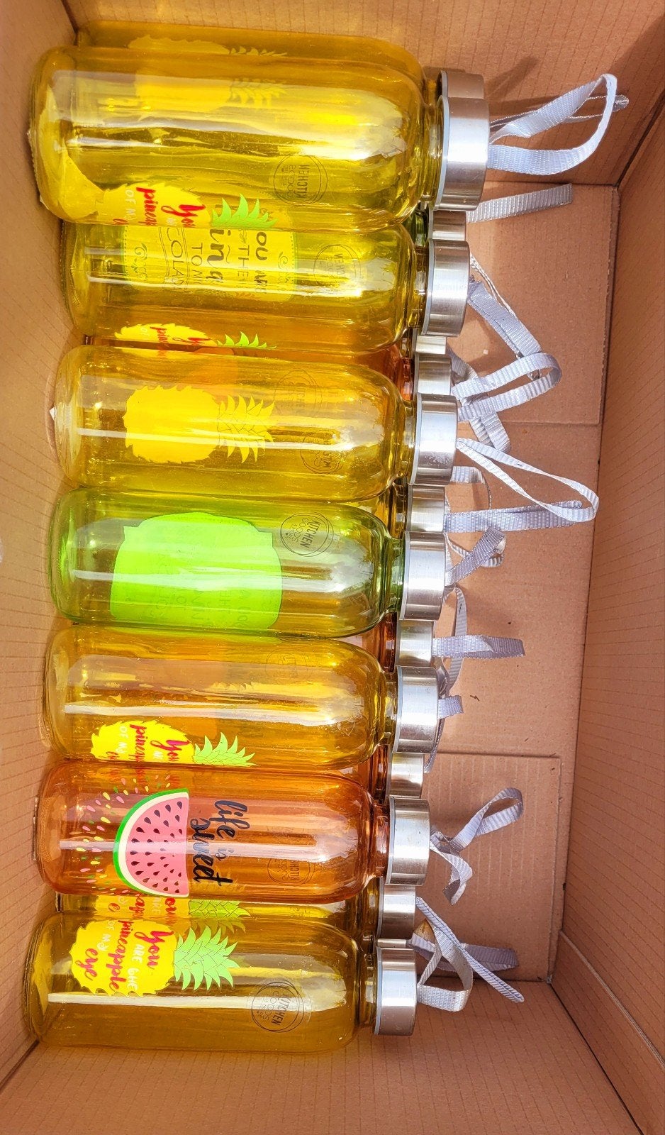 Glazen drinkflessen met fruitprint - Nieuw, Nieuw, Ophalen of Verzenden, Meerkleurig, Glas