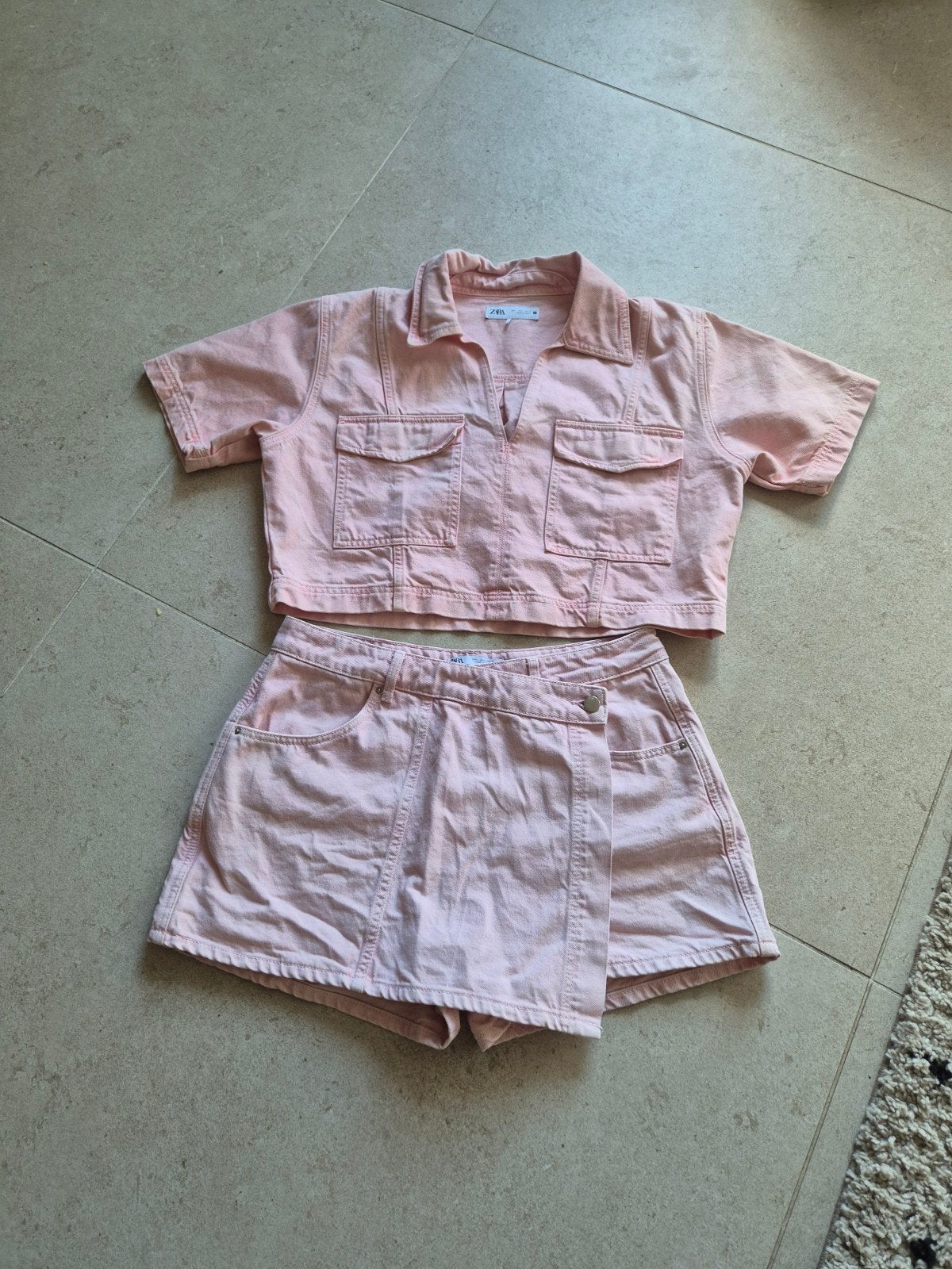 Zara roze denim set: crop top en short, Kort, Zara, Maat 42/44 (L), Ophalen of Verzenden