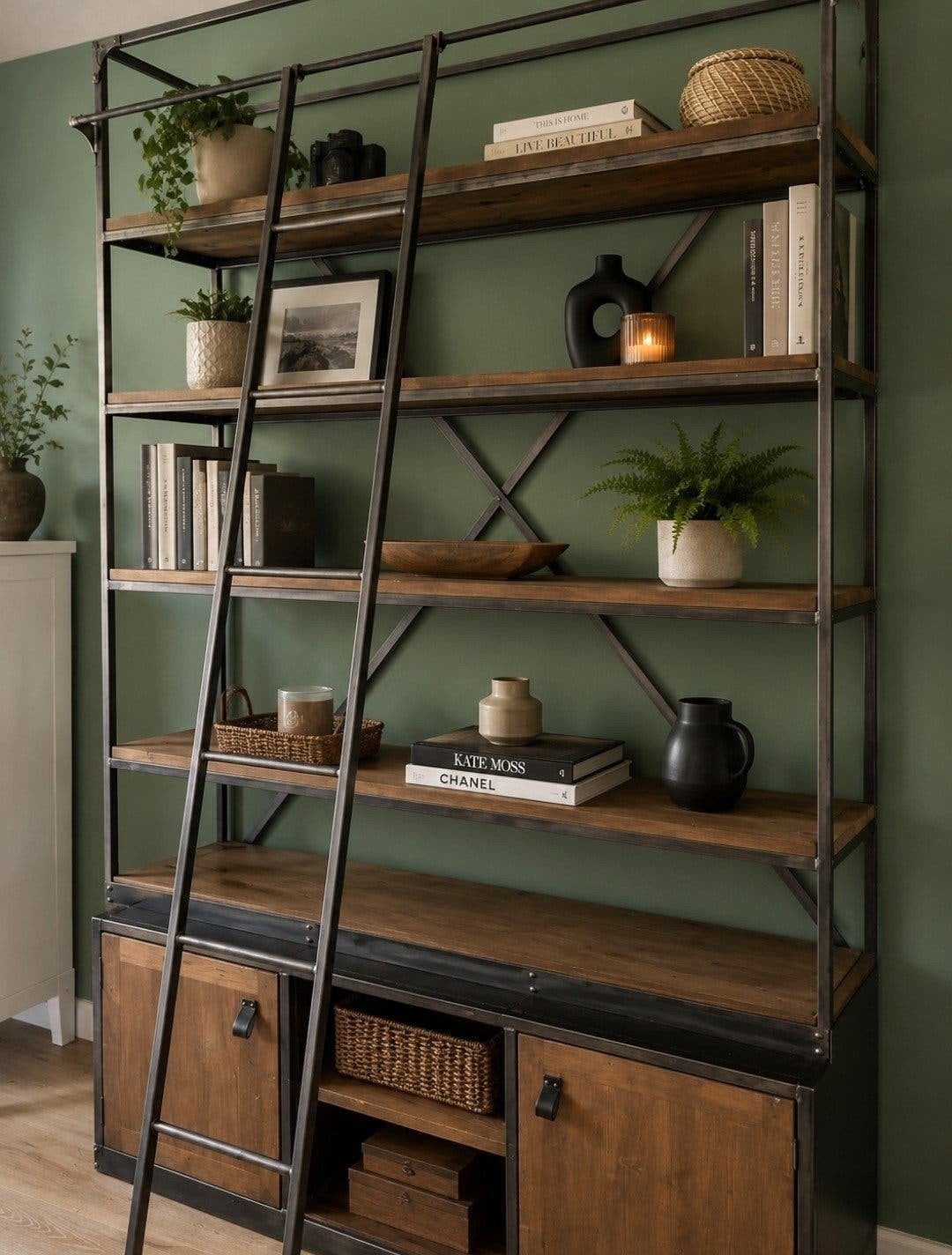 Industriële boekenkast met ladder en opbergruimte, Ophalen, 25 tot 50 cm, 200 cm of meer