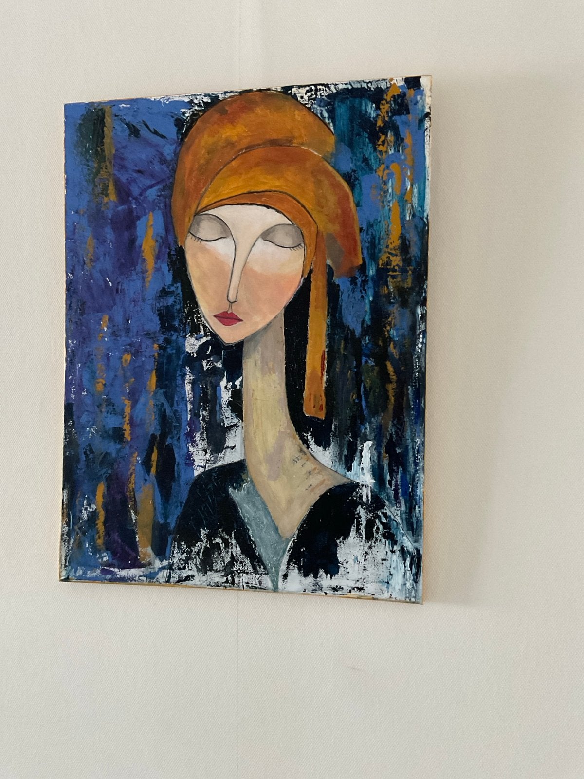 Modern schilderij: Vrouw met oranje hoofddoek, Ophalen, Acrylverf, Handgeschilderd, Overige materialen