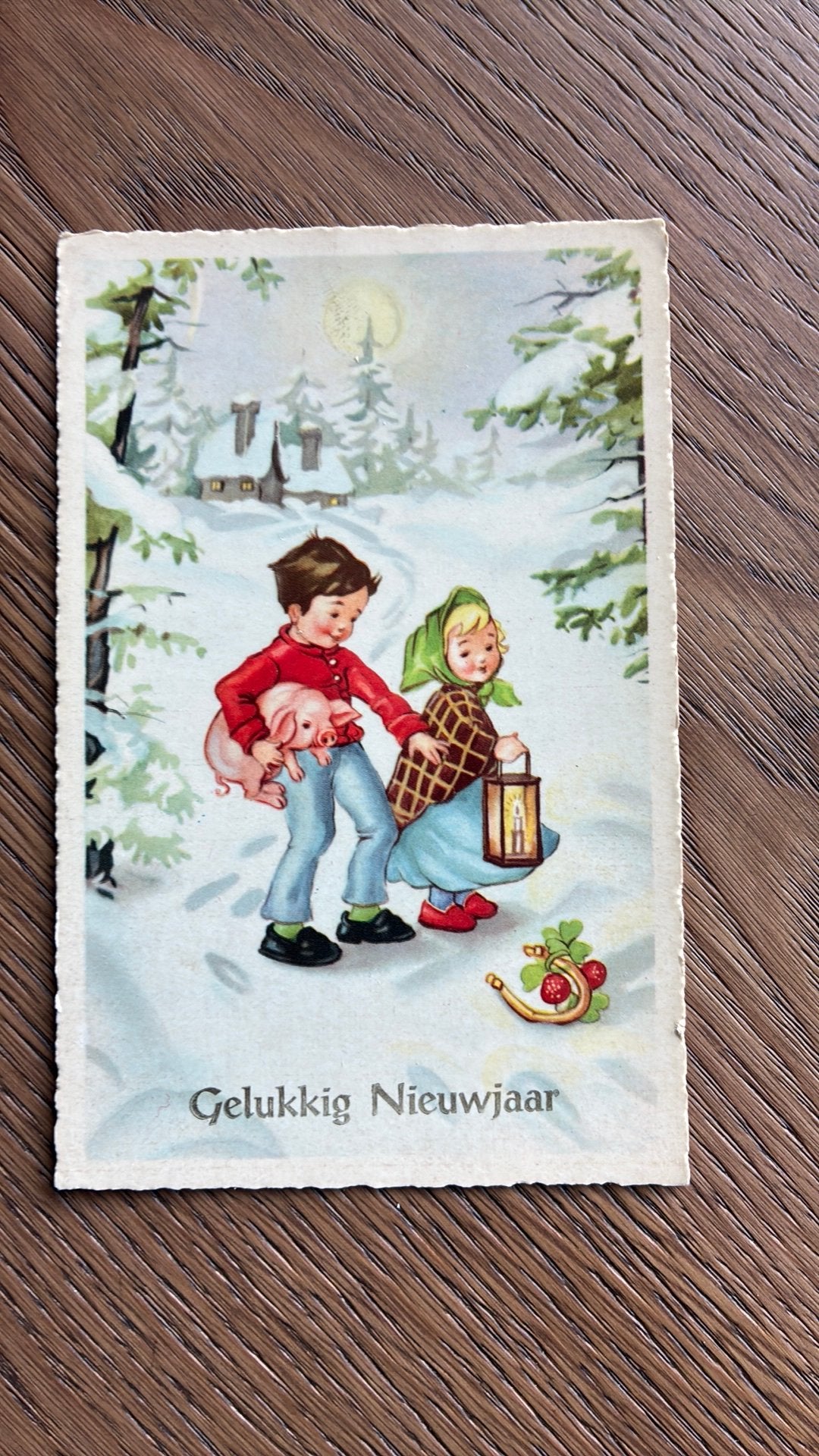 Kinderkaart.Kinderen in sneeuw,varkentje,lantaarn,, Ophalen of Verzenden, 1920 tot 1940, Ongelopen, Kinderen