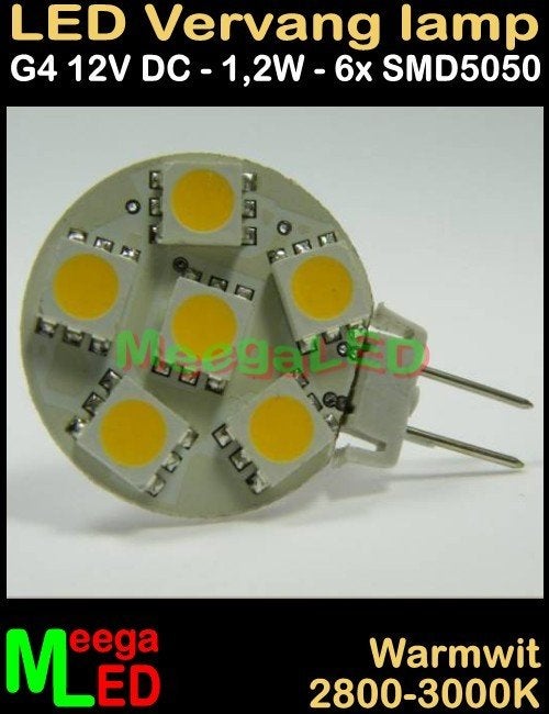LED G4 ledspot ledlamp rond 6 SMD5050 - 12Vdc - 1,2 Watt, Led-lamp, Dimbaar, Nieuw, Ophalen of Verzenden