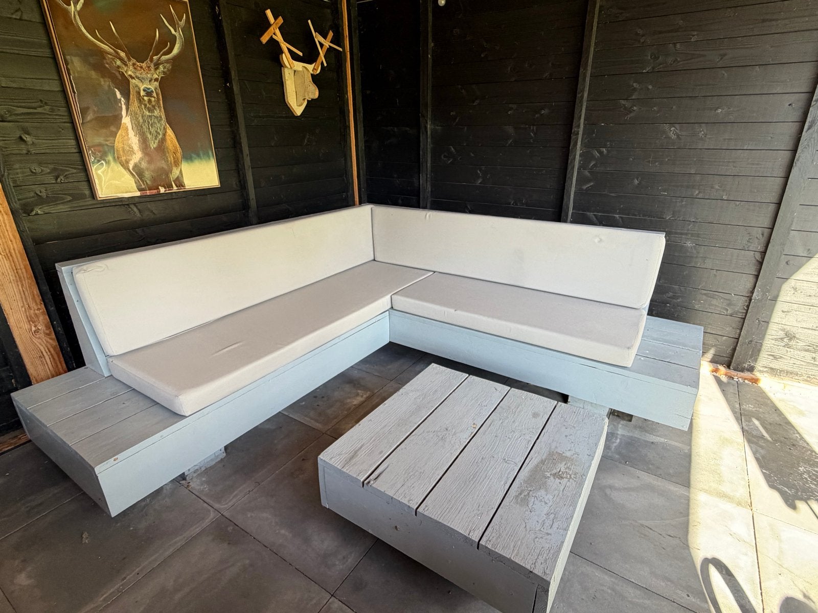 Steigerhouten Loungeset met Kussens en Salontafel, Ophalen, Gebruikt, Meer dan 8 zitplaatsen, Steigerhout