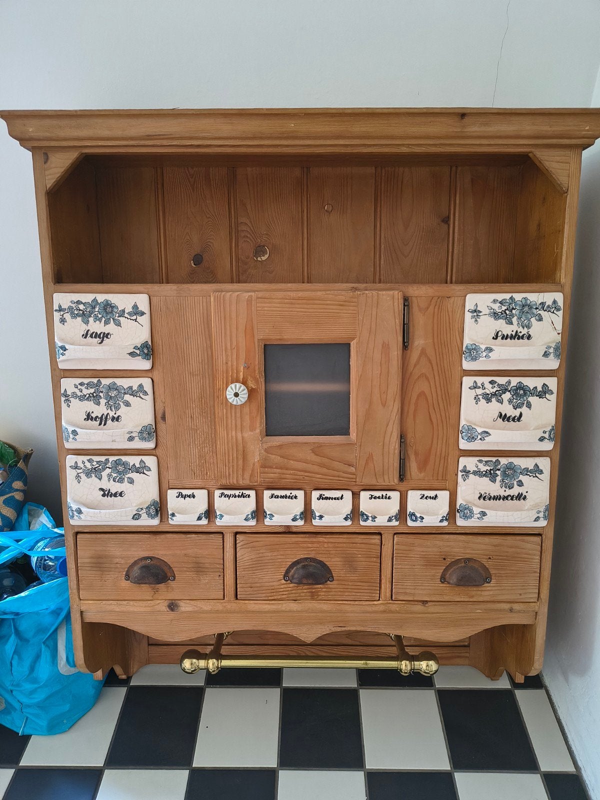 Vintage houten kruidenkast met porseleinen lades. Groot!, Antiek en Kunst, Ophalen