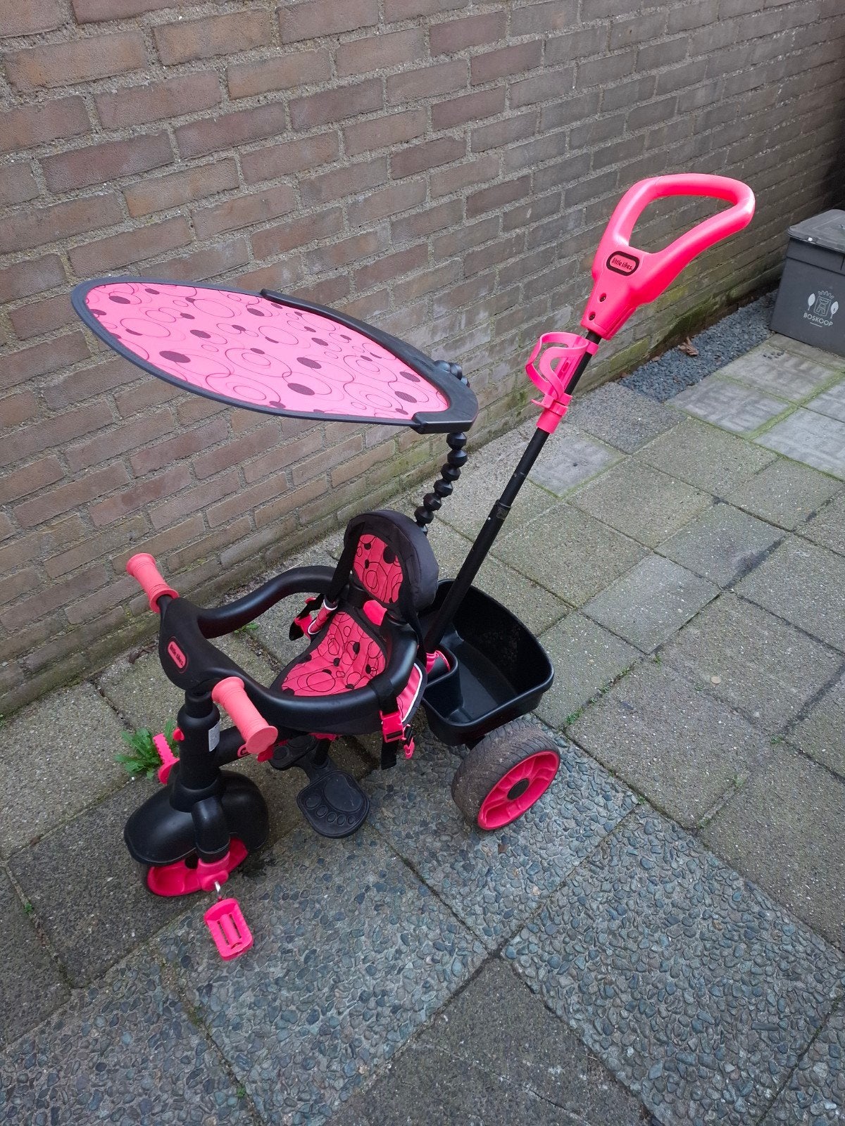 Roze kinderfiets met duwstang en zonnekap, Fietsen en Brommers, Ophalen, Terugtraprem, Gebruikt, Onbekend