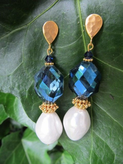 Oorbellen Hammered Glass shellparel-kristalglas-swarovski, Blauw, Nieuw, Knopjes of Stekers, Goud