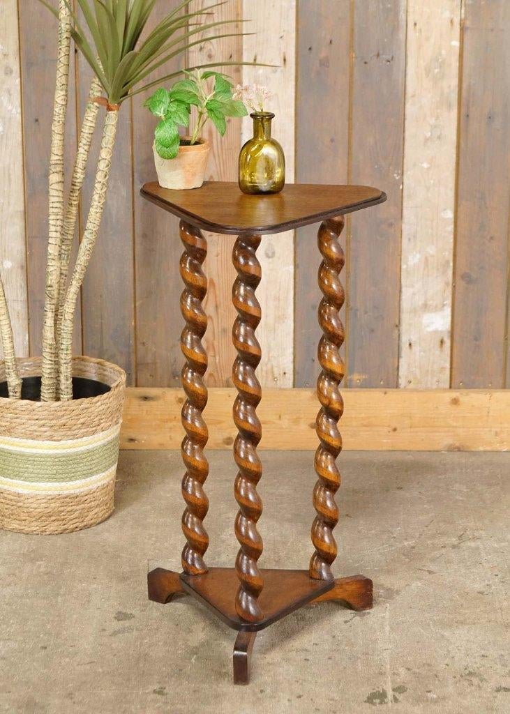 Brocante houten plantentafeltje barley twist driehoek blad, Ophalen of Verzenden