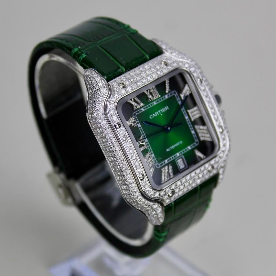 Cartier Santos Large Iced Out - 4072, Overige merken, Cartier, Leer, Staal