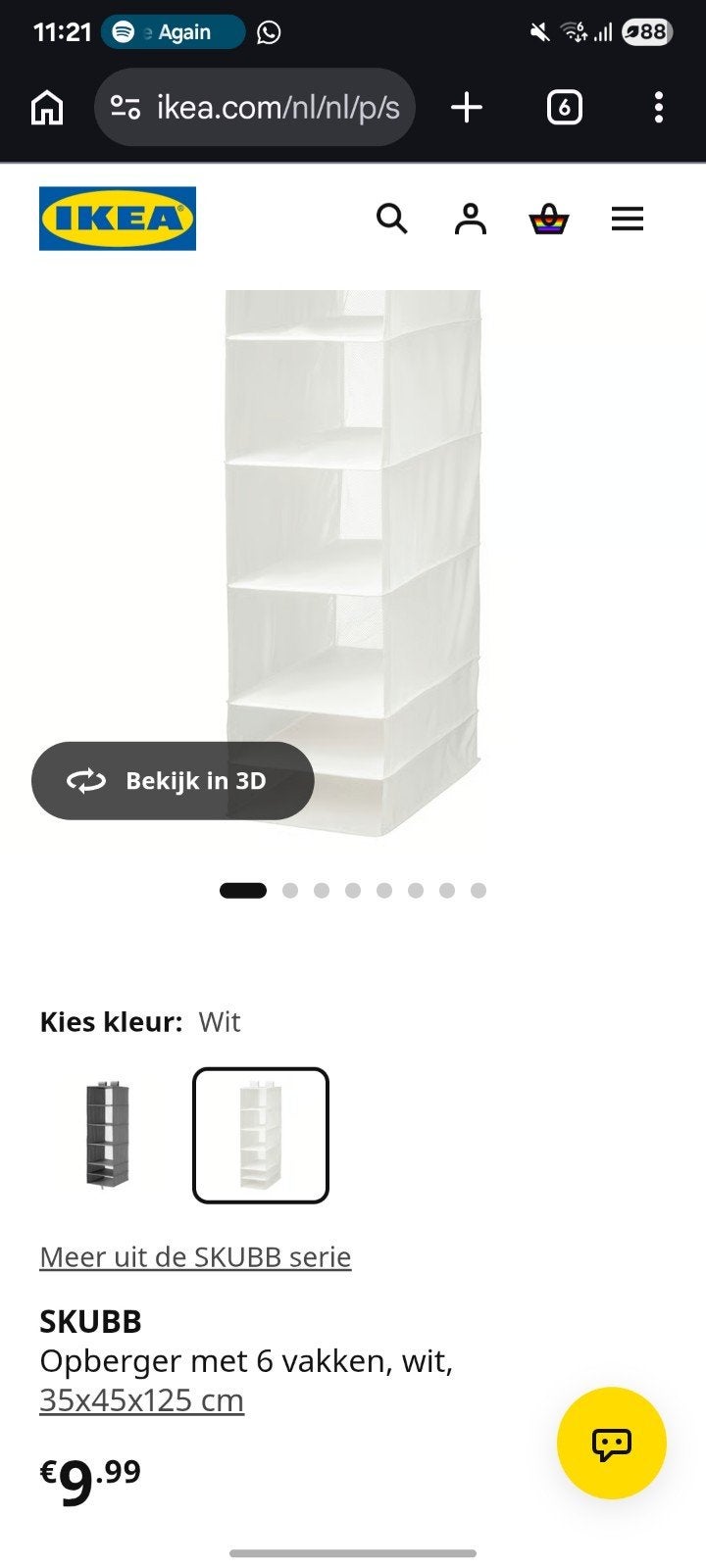 IKEA SKUBB Opberger met 6 vakken, wit, 35x45x125 cm, Ophalen, Met plank(en), Gebruikt, 100 tot 150 cm