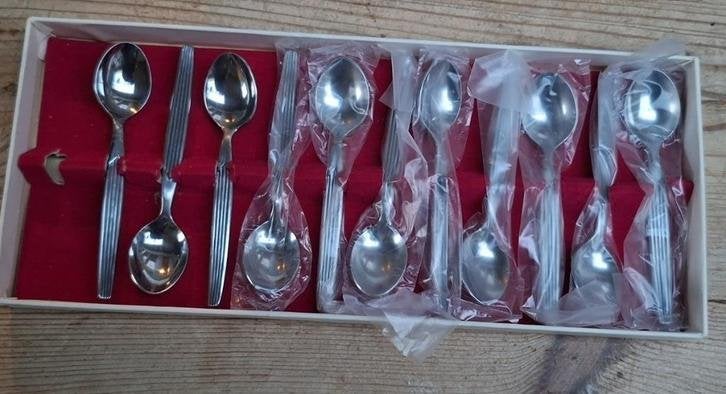 11 Vintage advokaatlepeltjes/ likeurlepeltjes in doos, Amefa, Gebruikt, -, -, Ophalen of Verzenden