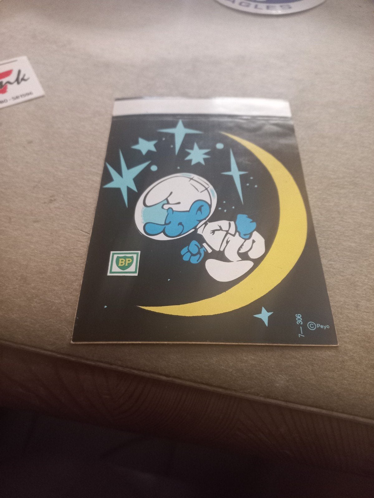 Vintage Smurfen BP Sticker - Ruimte Smurf op Maan, Verzamelen, Ophalen of Verzenden
