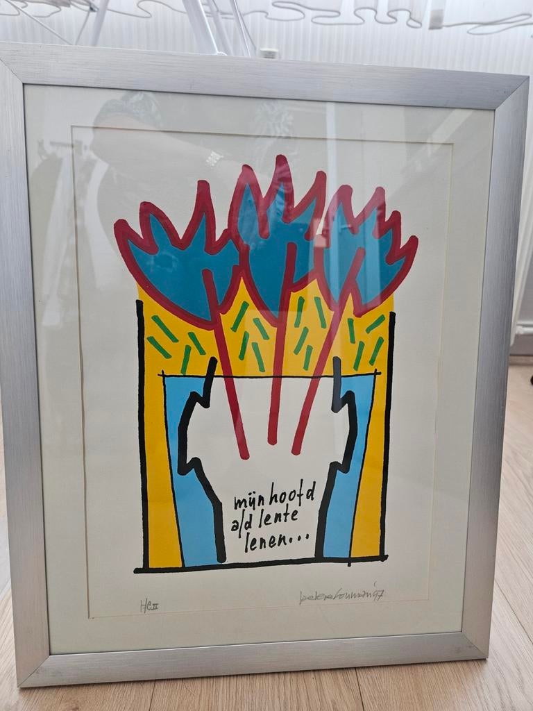 Ingelijste zeefdruk Peter Bouman  'Mijn hoofd als lente', Antiek en Kunst, Ophalen of Verzenden